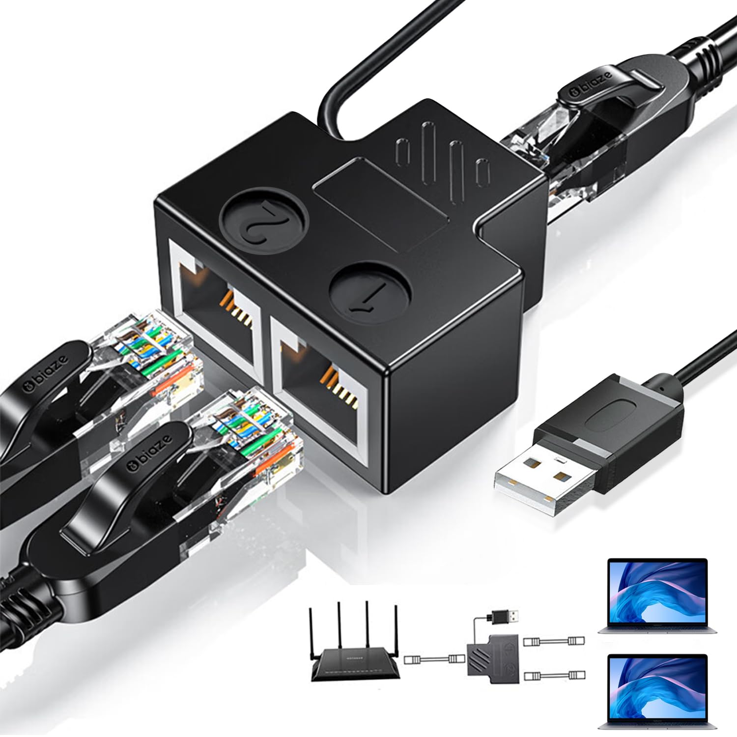 Akwor Rj45 Ethernet Splitter 1 To 2, Mini Gigabit Network Ethernet Switch With Usb Power Cable, Cat 5/6/7/8 Network Cable (Suppo