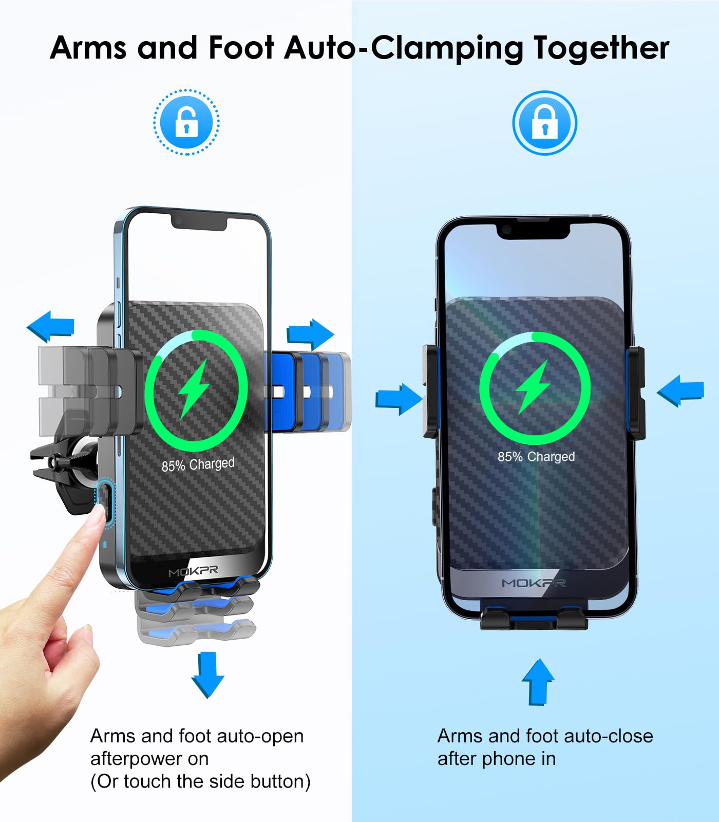 MOKPR Wireless Car Charger 15W Fast Charging Auto-Clamping Phone Mount - Blue, Compatible with iPhone 15/14/13/12/11 and Galaxy S23/S22/S21