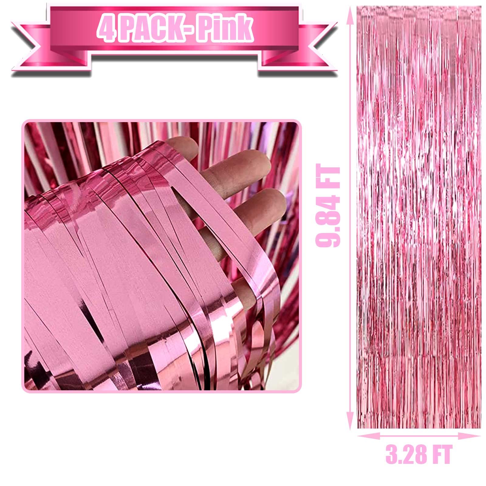 4 Pack Pink Foil Fringe Curtain Backdrop, 3.3Ft X 9.8Ft Metallic Tinsel Foil Fringe Streamers Curtains For Photo Booth, Wedding,