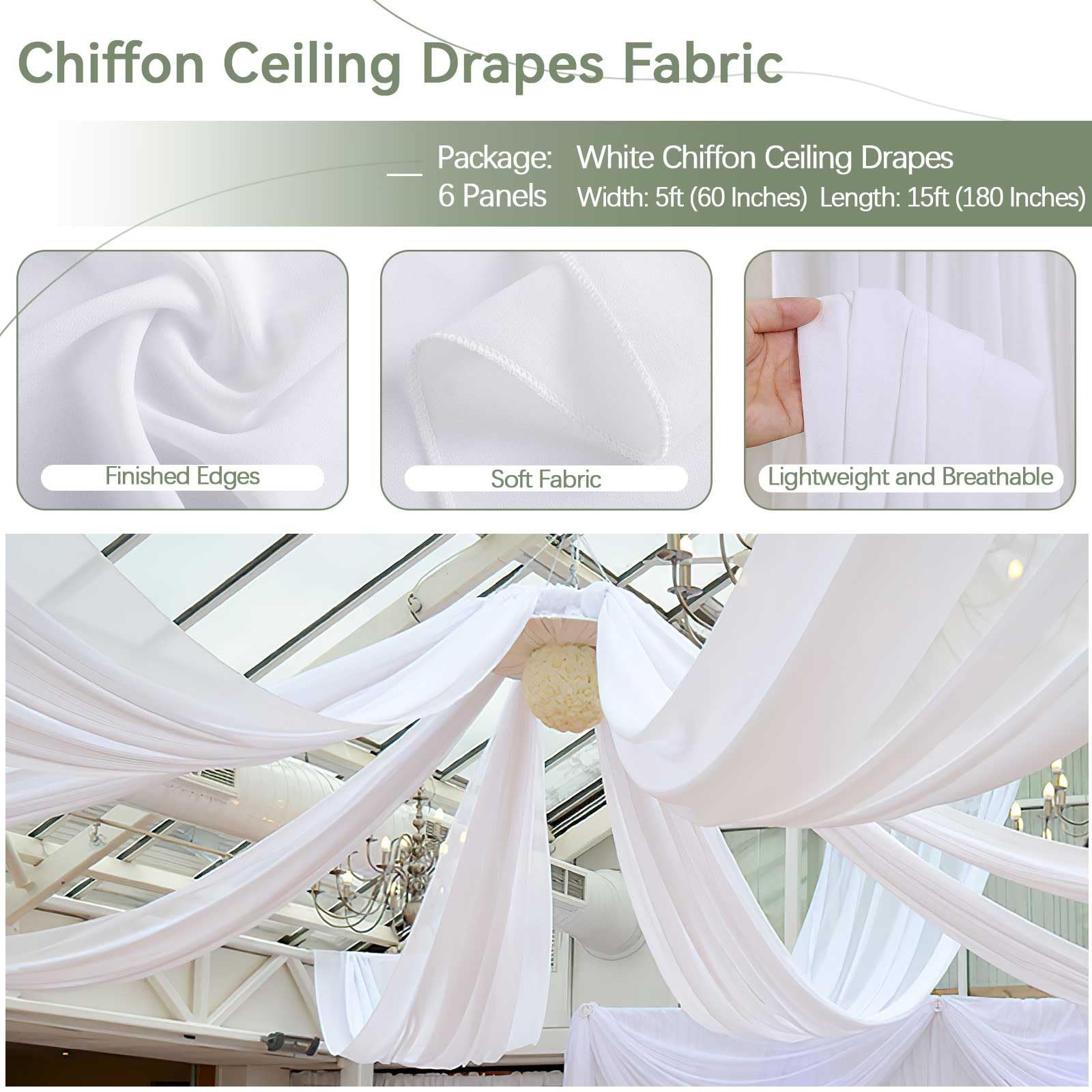 White Chiffon Ceiling Drapes 6 Panels 5Ftx15Ft Wedding Ceiling Draping Fabric Sheer Swag Drapes For Indoor Ceremony Conservatory