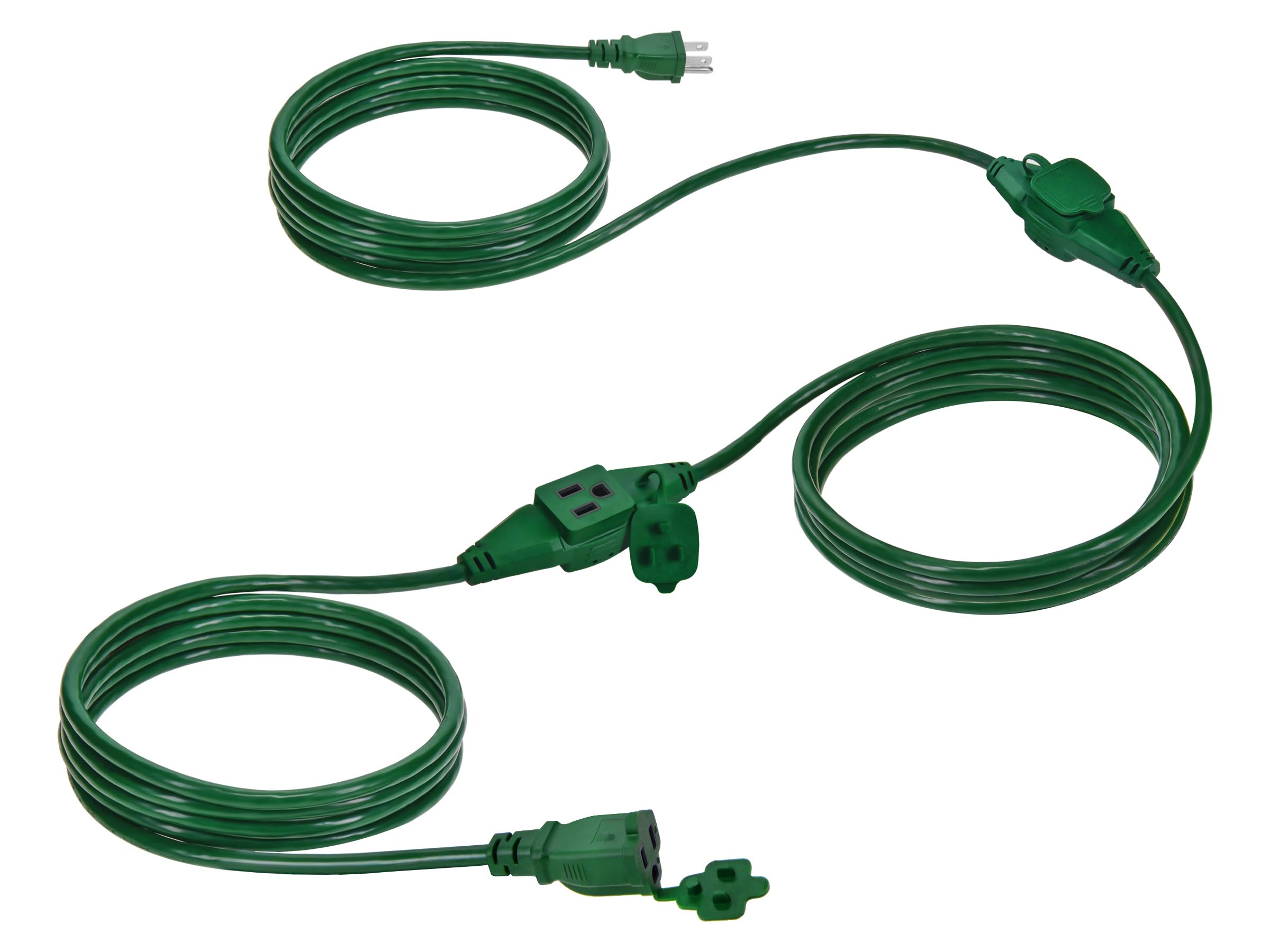 Clear Power 25ft 16/3 SJTW Green Landscape Extension Cord w/3 Inline outlets & Outlet Covers, for Christmas Lights and Holiday D