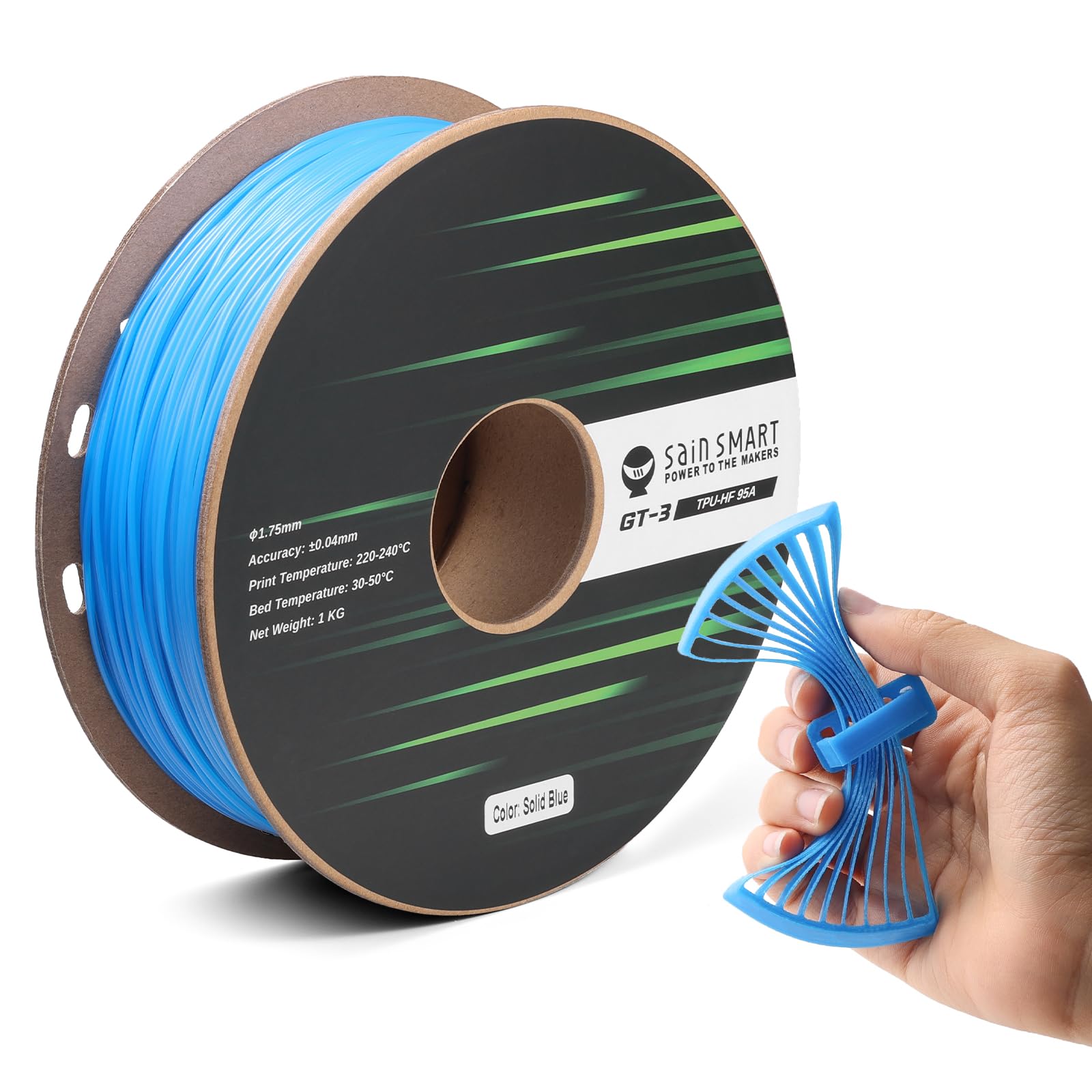 SainSmart TPU Filament 1.75mm, GT-3 Flexible 3D Printer Filament for High-Speed Printing 500mm/s, Blue, 2.2 LBS (1KG) Spool, Dim