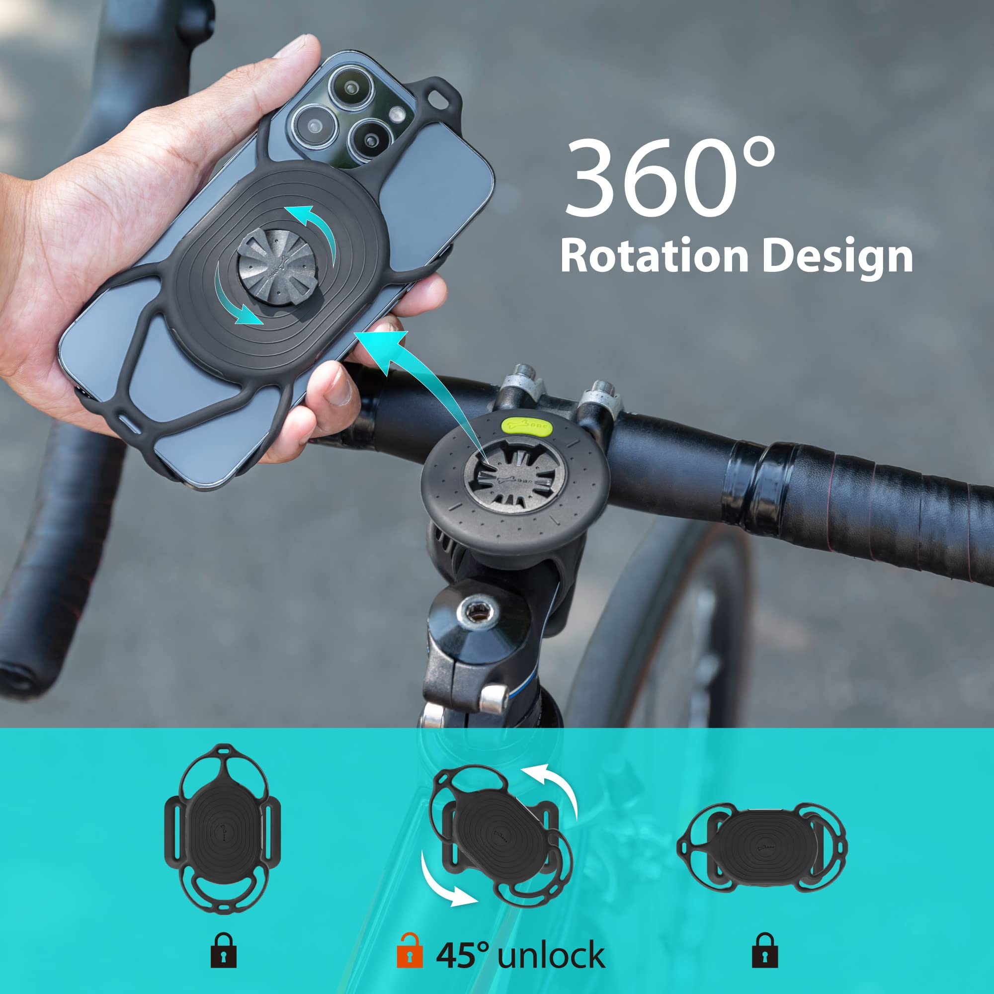 Bone Bike Tie Connect Kit 2, Bike Cell Phone Mount For Stem, Detachable & 360 Rotatable Silicone Holder With Shock-Absorbing Des