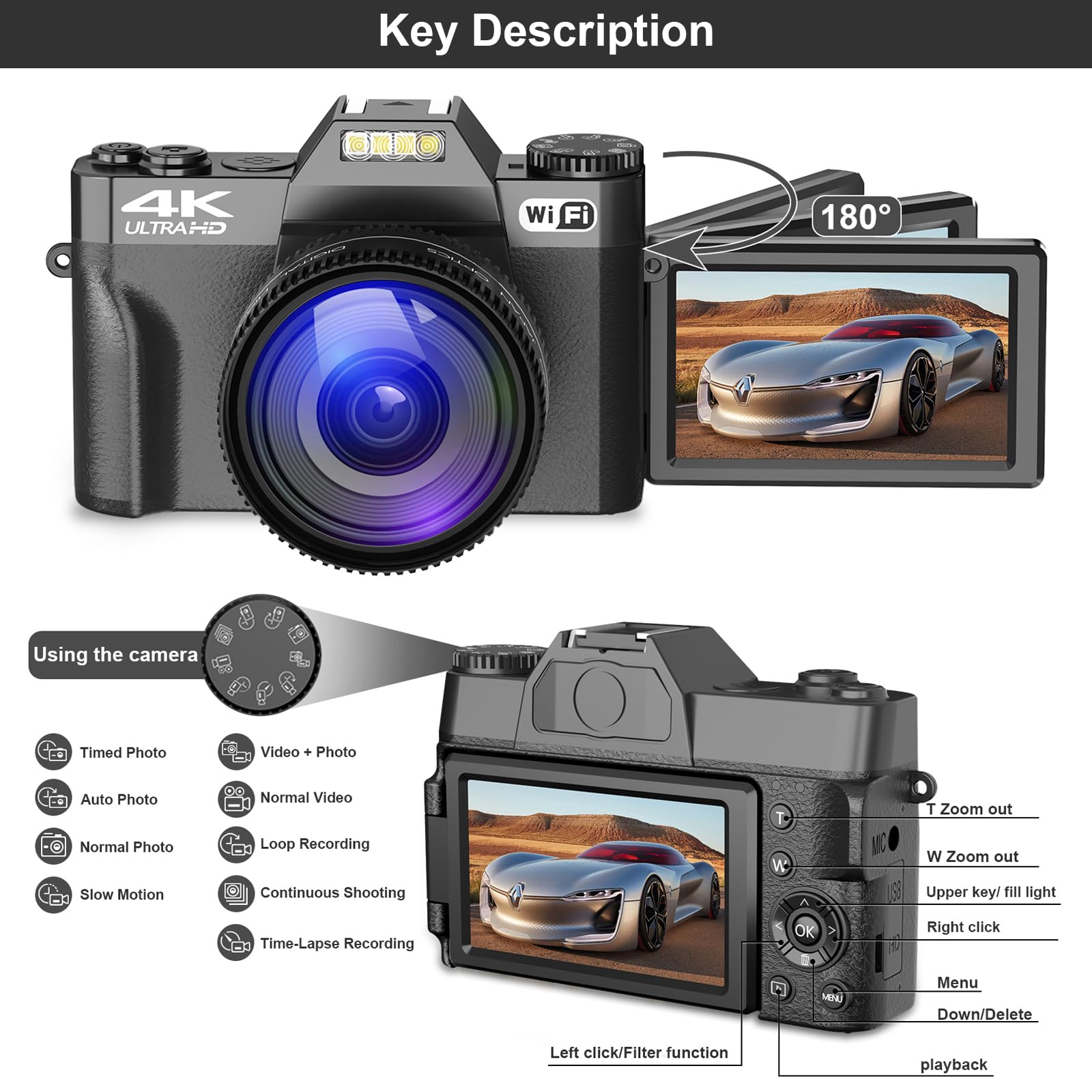 Digital Camera For Photography, 4K 48Mp Vlogging Camera For Youtube With Wifi, 3 Inch 180 Degree Flip Screen, 16X Digital Zoom,