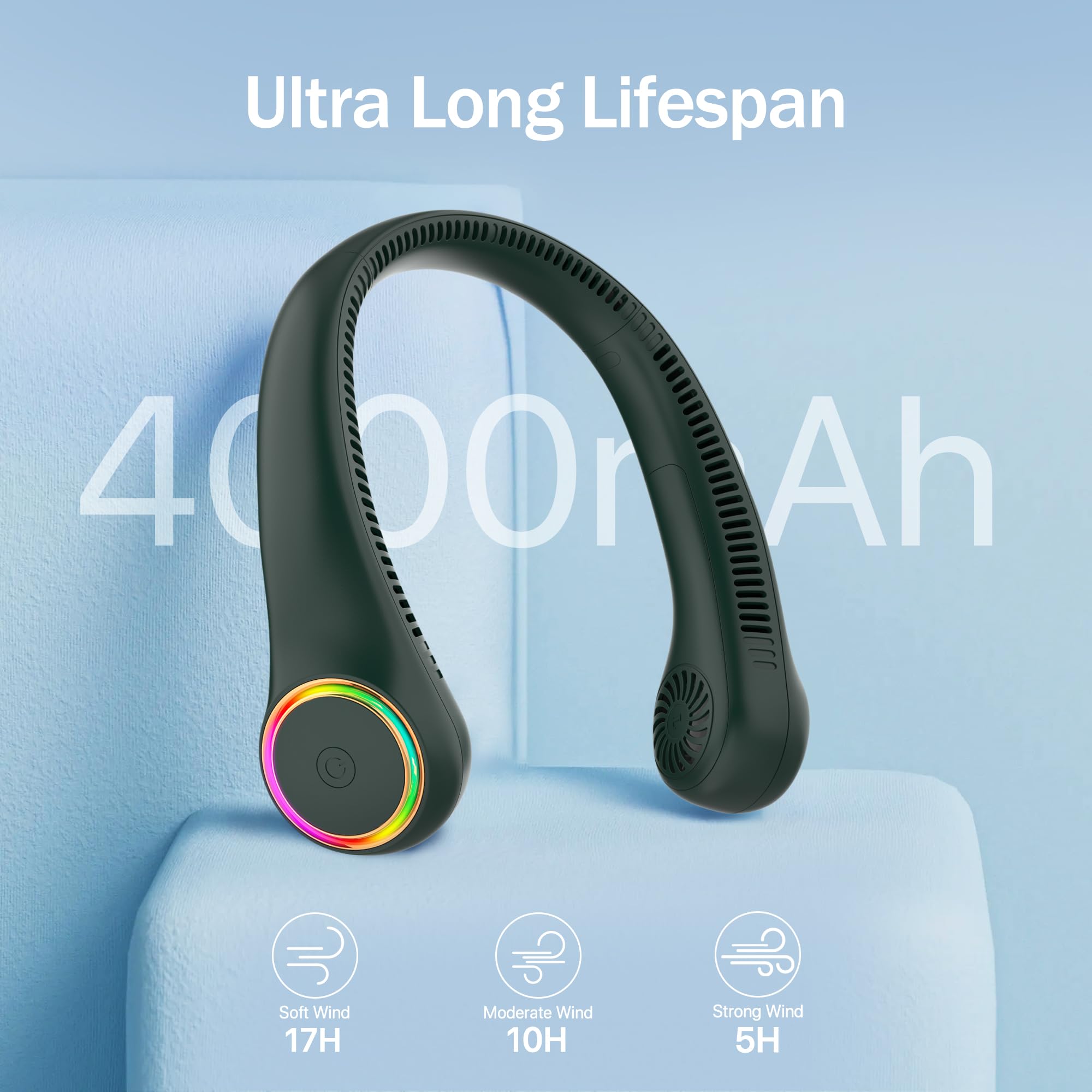 Gulaki Bladeless Portable Neck Fan   Rechargeable Hands Free Usb Personal Fan Battery Operated With Led Lights For Home Office T