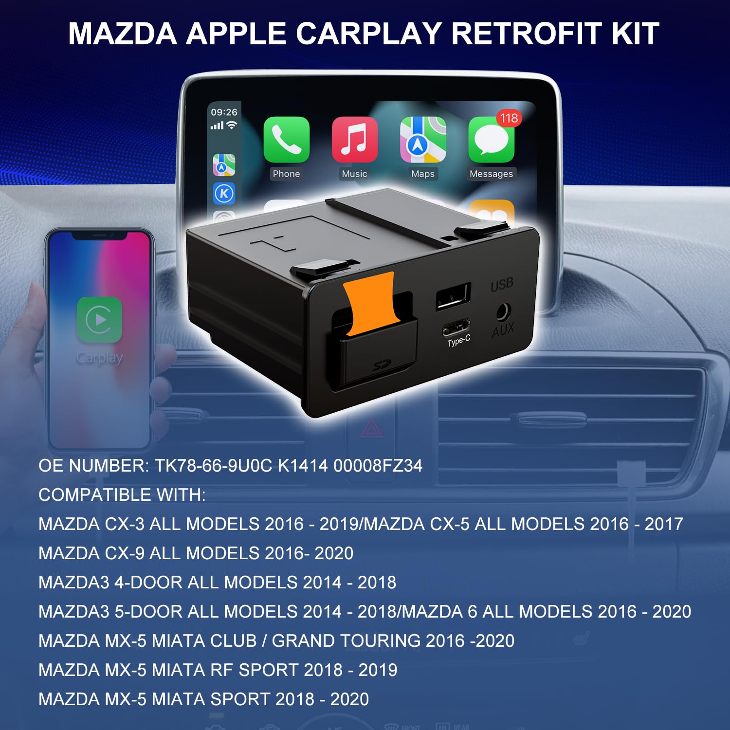 Mazda Type C Wireless Carplay Retrofit Kit, Tk78 66 9U0C Oem Media Hub To Mzd Connect System, Compatible With Mazda 2/3/6/Cx3/Cx