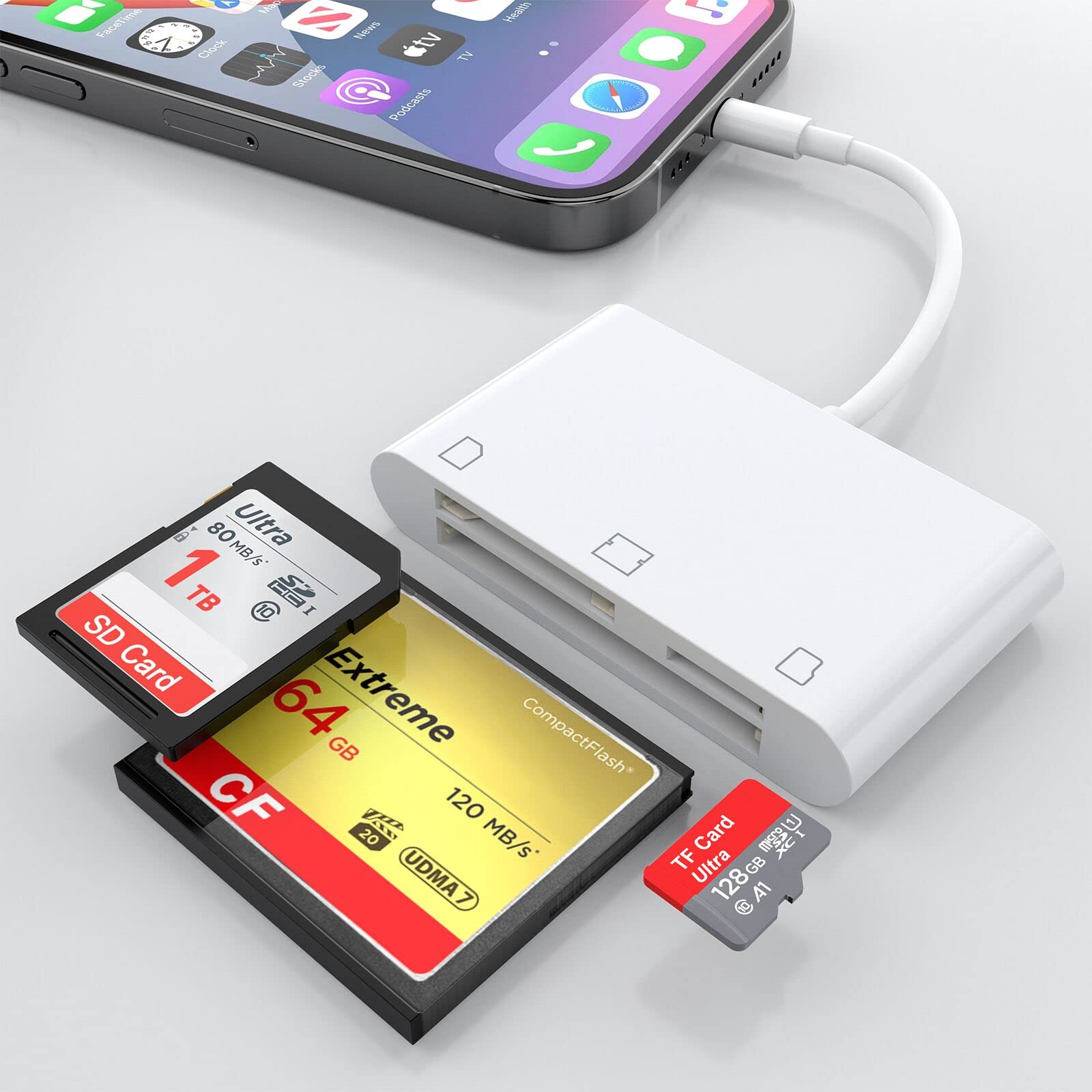 Cf Sd Card Reader For Ipad Iphone Memory Card Reader For Sd/Tf/Cf Card, 3 In 1 Lightning To Card Reader Digital Camera Adapter Viewer For Iphone 13/13 Pro/12/12 Pro No Need App Plug And Play