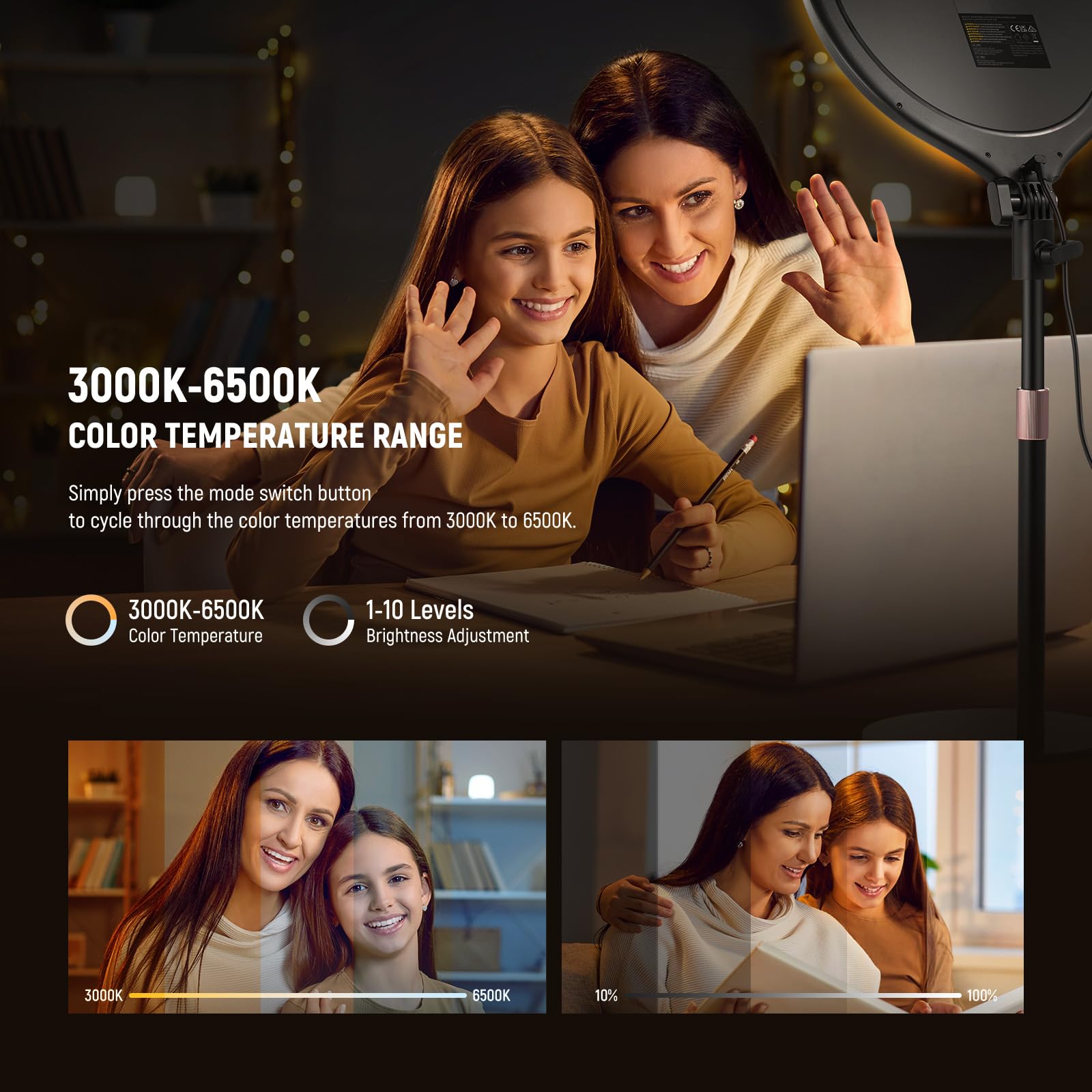 Neewer Basics 10.5 Desk Ring Light With Stand/Phone Holder/Timer, 3000-6500K Full Screen 15W Led Selfie Panel Lighting For Iphon