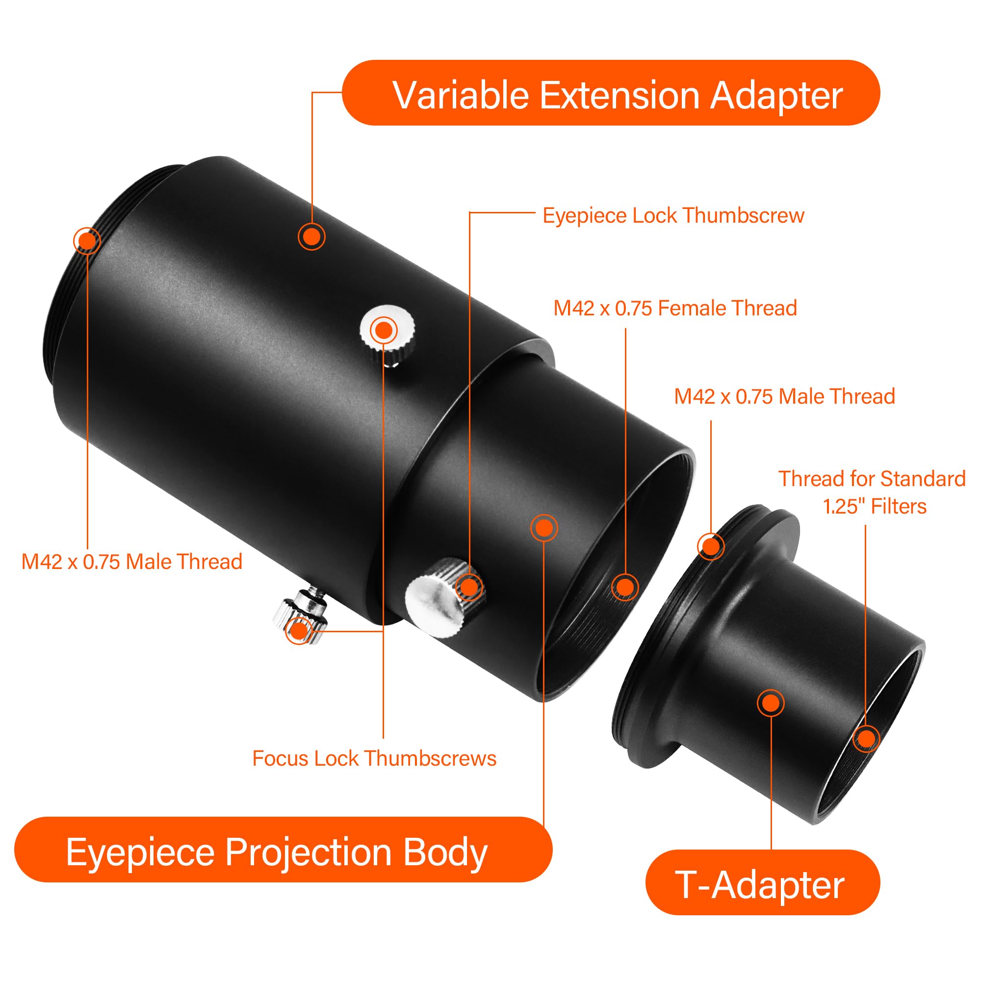 Astromania 1.25'' Extendable Camera Adapter   For Either Prime Focus Or Eyepiece Projection Astrophotography With Refractors Or