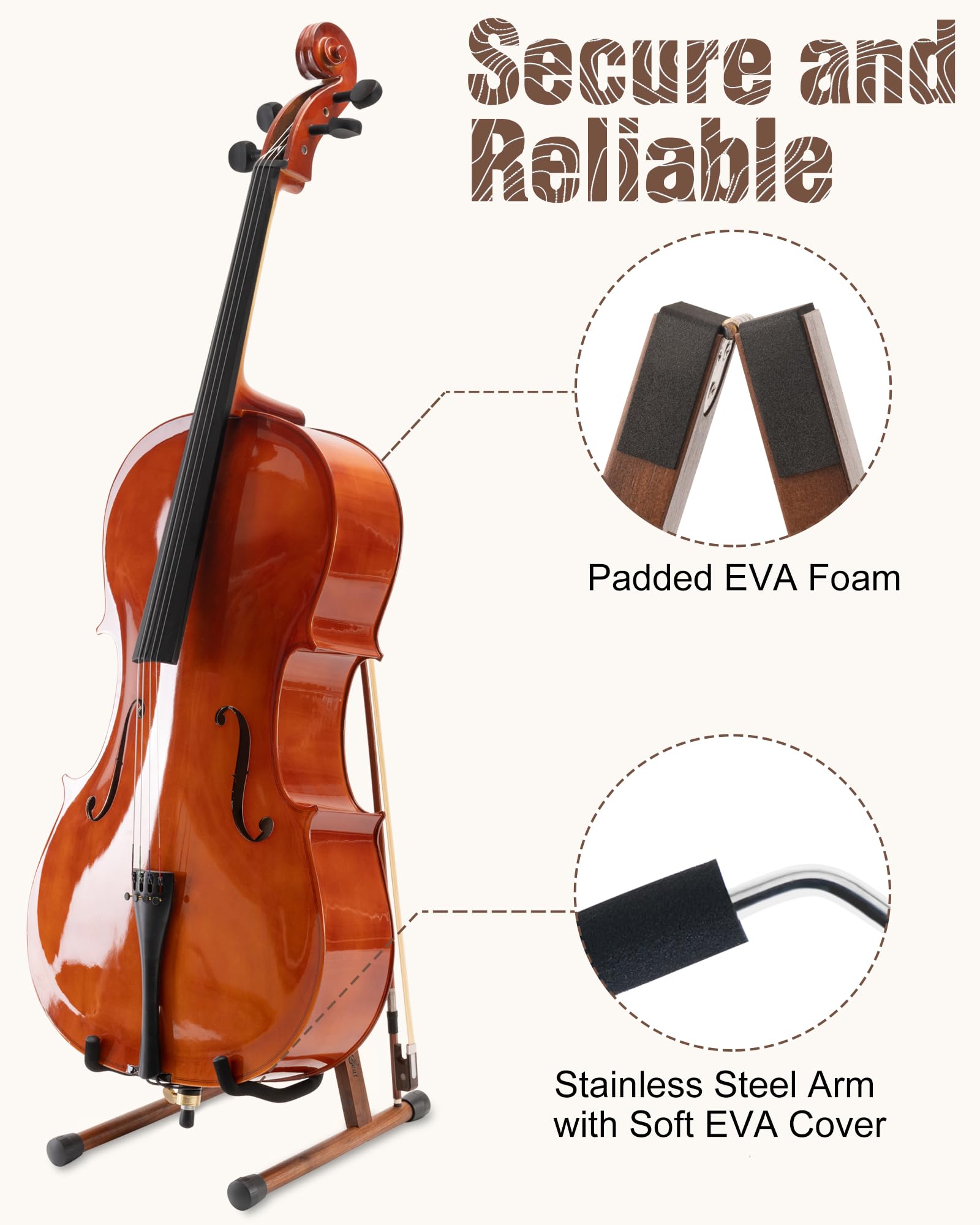 Musbeat Cello Stand, A Frame Cello Stand With Bow Holder For Cello Display, Handcrafted Wooden Cello Stand With Padded Foam, Wal