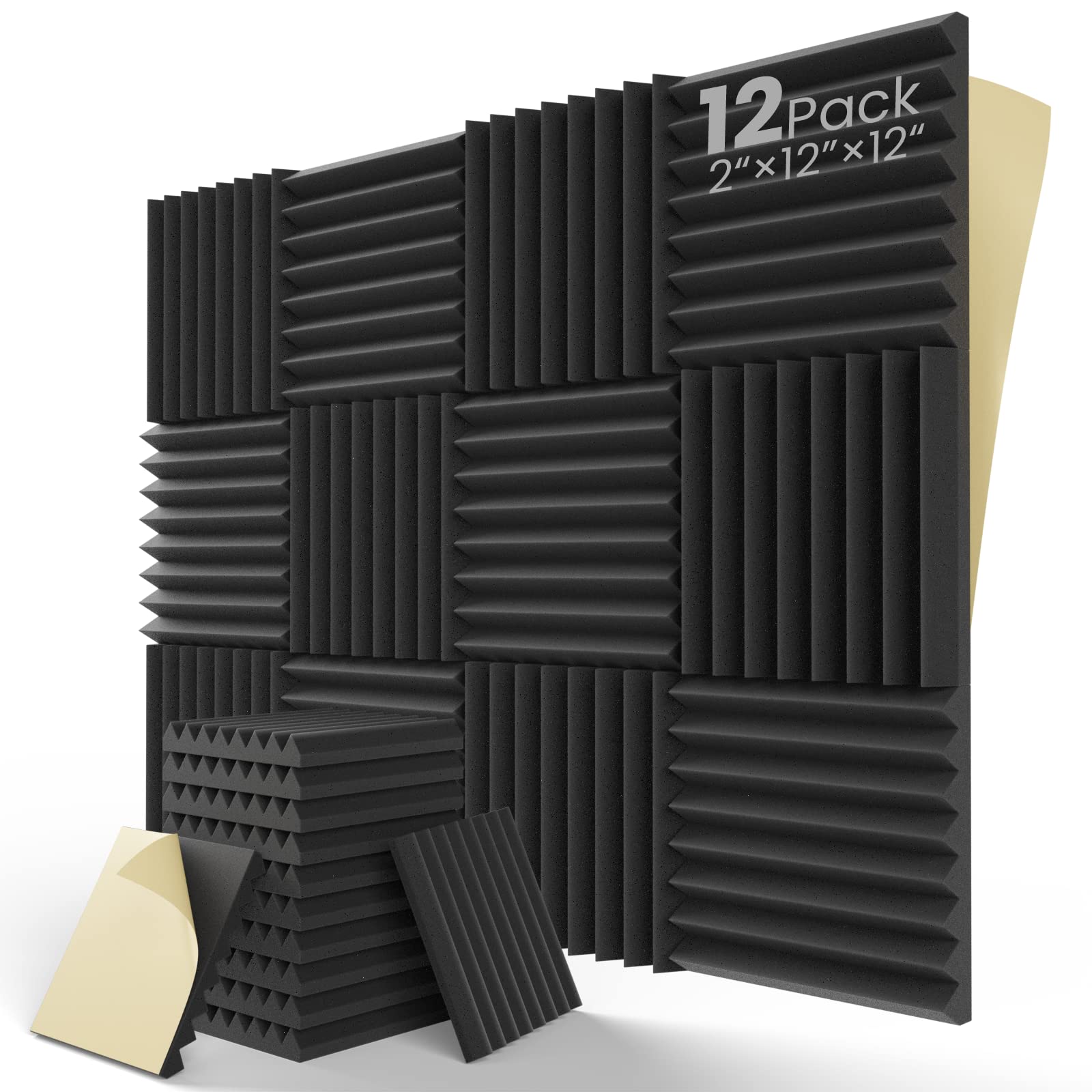Leiyer Upgrade 12 Pack Sound Proof Foam Panels With Self Adhesive, 2'' X 12'' X 12'' Quick Recovery Acoustic Panels, Acoustic Fo