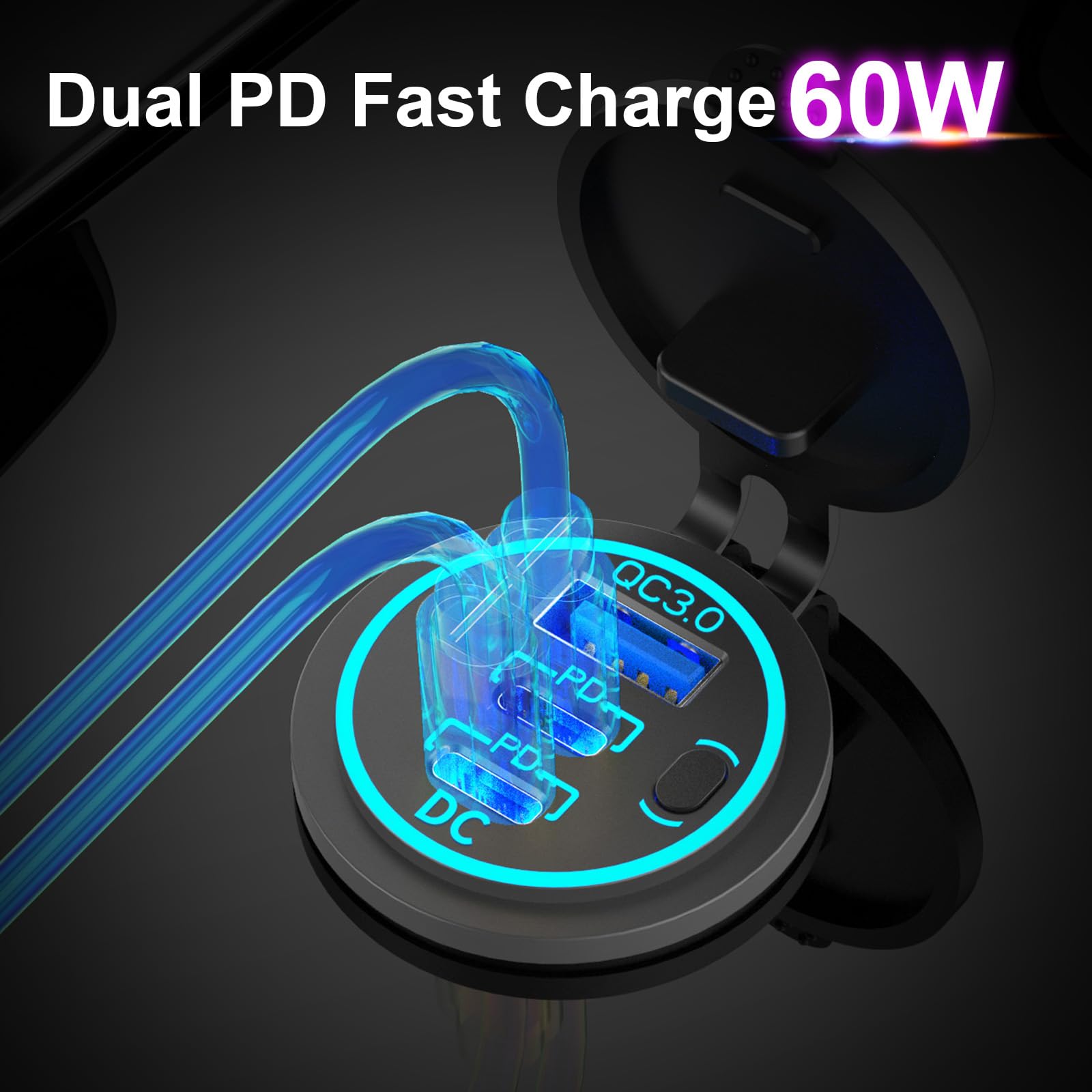 2 Pack Usb C Car Charger Socket 12V Usb Outlet, 78W Dual 30W Pd And 18W Qc3.0 Multi Port Cylinder Charger With Button Switch Wat