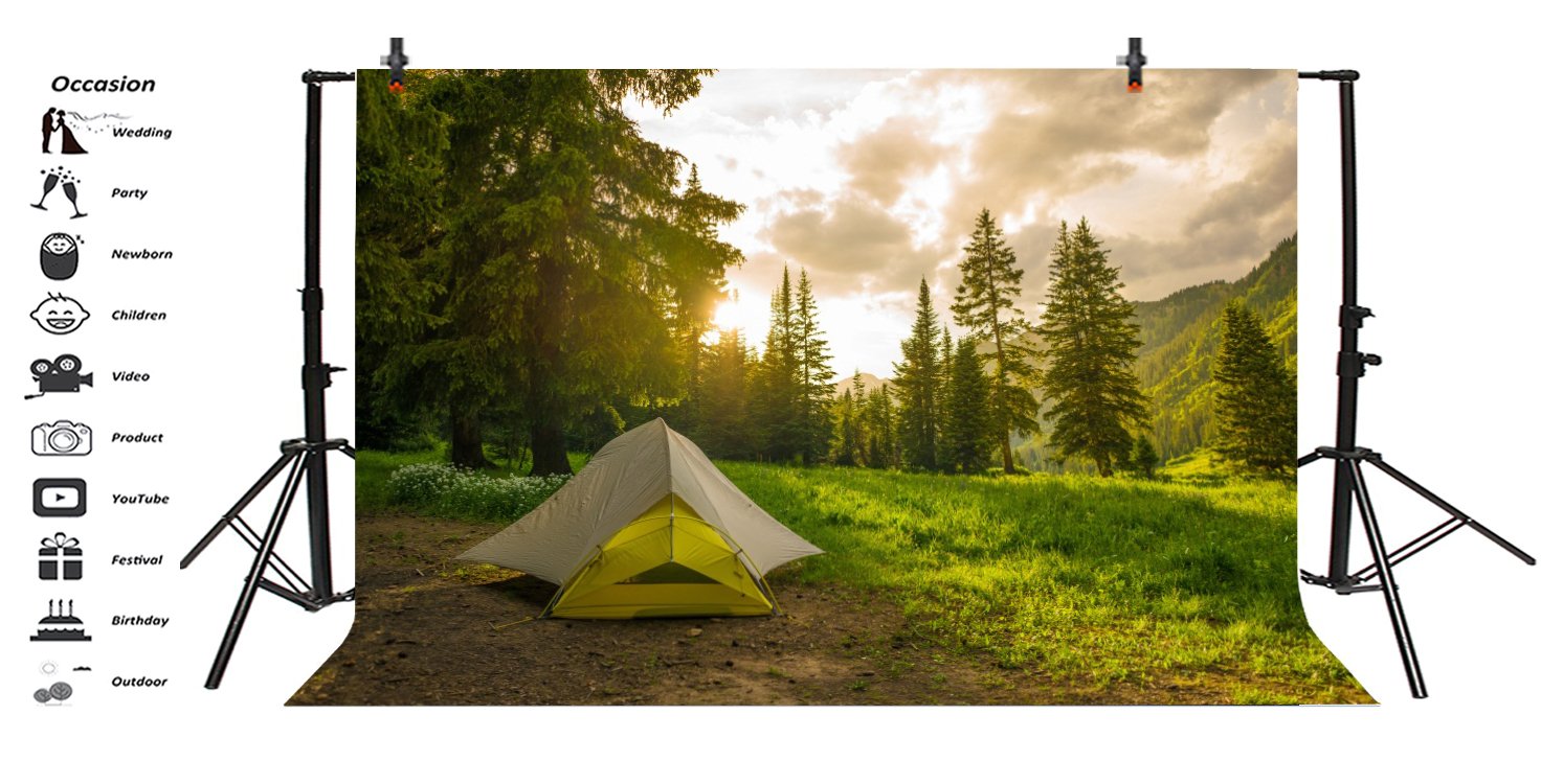 Lfeey 7X5Ft Pine Forest Camping Backdrop For Photoshoot Sunrise Outdoor Travel Mountains Landscape Grassland Camp Tents Photogra