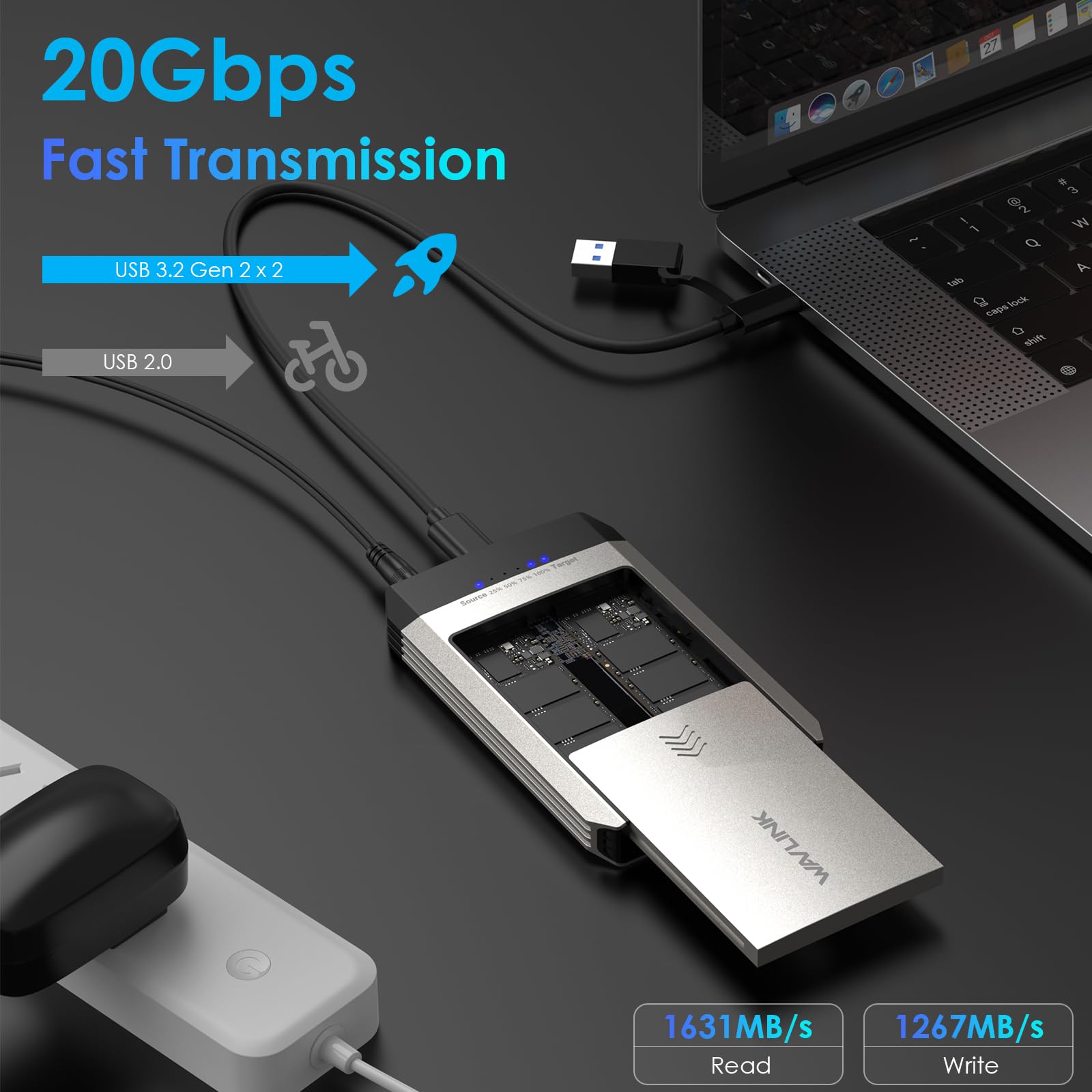 Wavlink Nvme Cloner, 20Gbps M.2 Duplicator Dual Bay Offline Clone Tool Free, M.2 Cloner With Heat Dissipation, Nvme Enclosure For Ssds Pcie Sizes 2230/2242/2260/2280, Supports Nvme And Ahci, Up To 8Tb