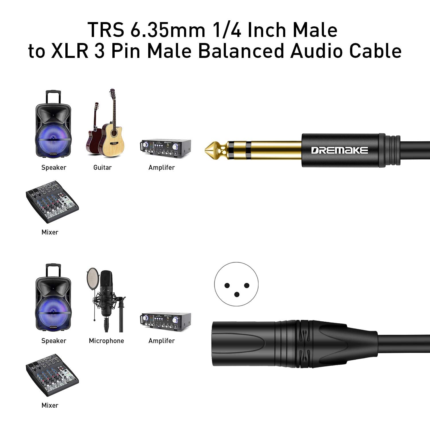 Dremake 6 Foot Trs Stereo 6.35Mm 1/4 Inch To Xlr Balanced Mic Cable Male To Male Audio Patch Cord For Speakers, Amplifier