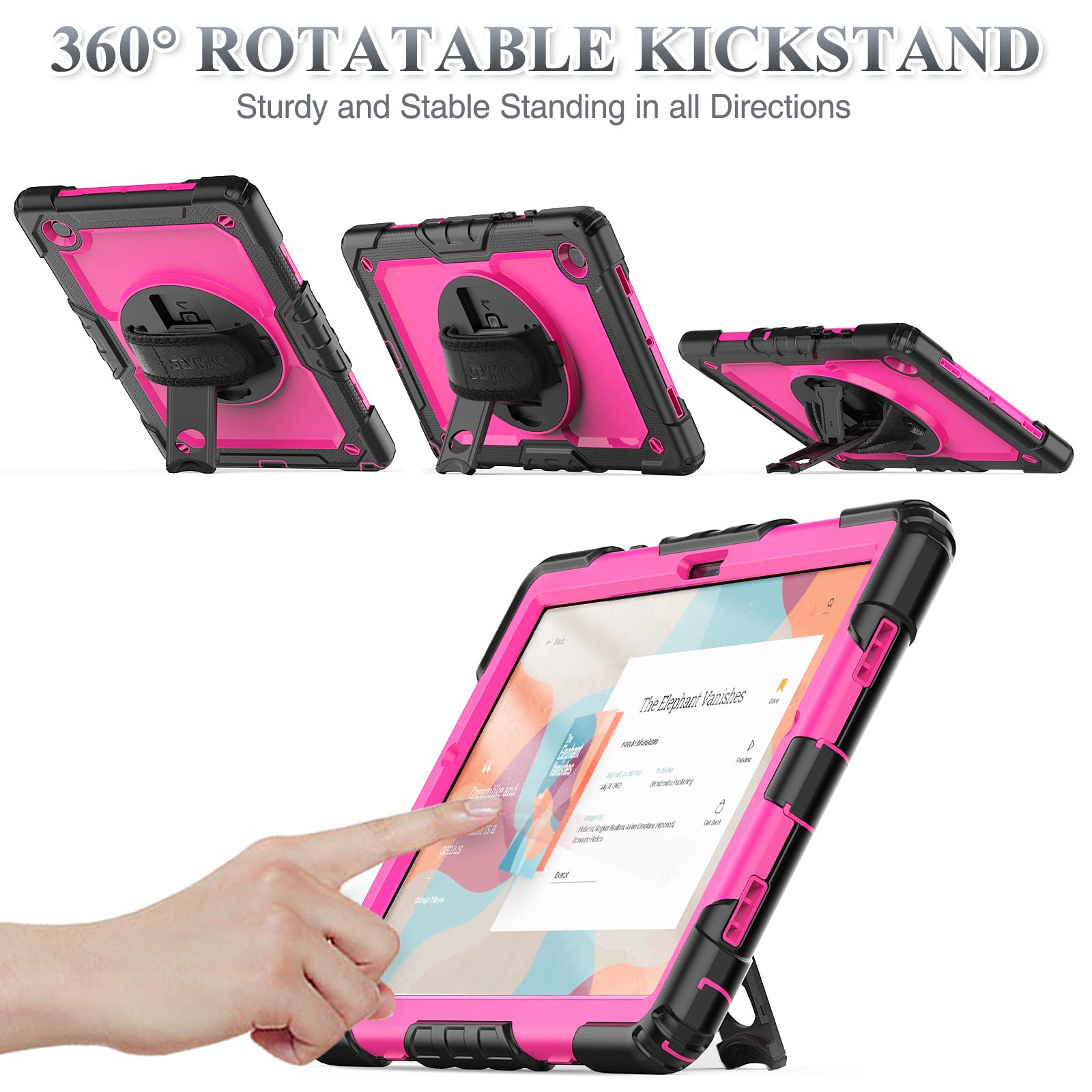 Seymac Stock 360 Hand Strap Shockproof Case For Samsung Galaxy Tab A8 10.5 Inch, Pink+Black