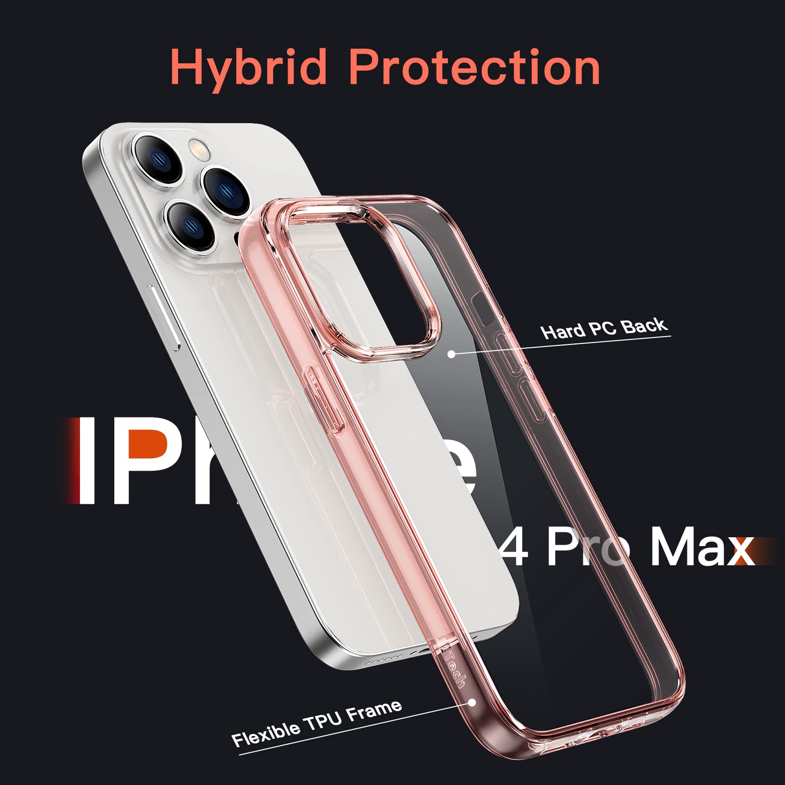 Jetech Case For Iphone 14 Pro Max 6.7 Inch, Non Yellowing Shockproof Phone Bumper Cover, Anti Scratch Clear Back (Rose Gold)