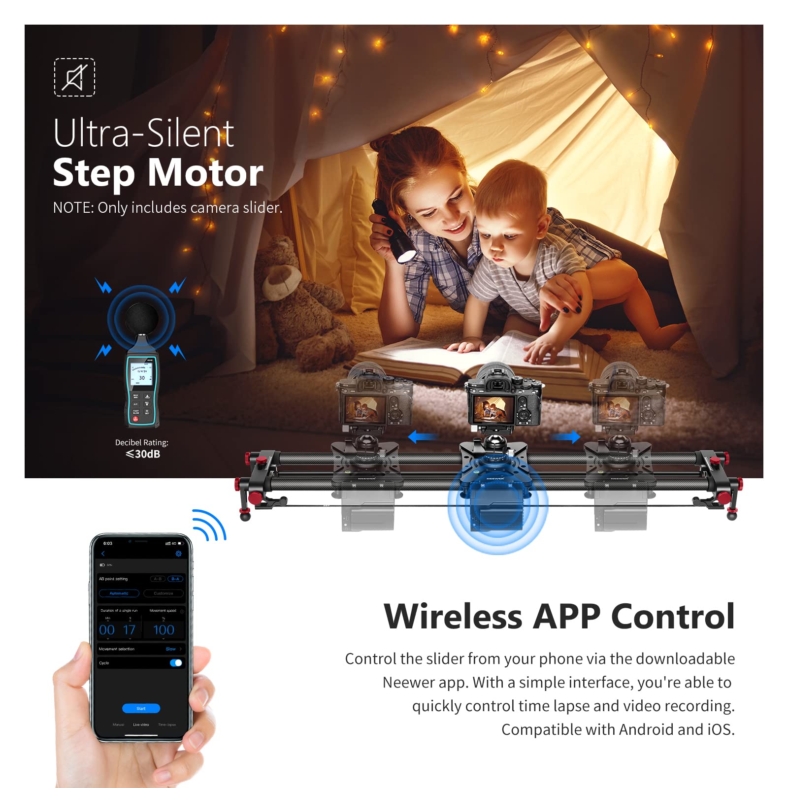 Neewer 39.4   /100Cm Motorized Camera Slider, App Wireless Control Carbon Fiber Dolly Rail Slider, Support Video Mode, Time Laps