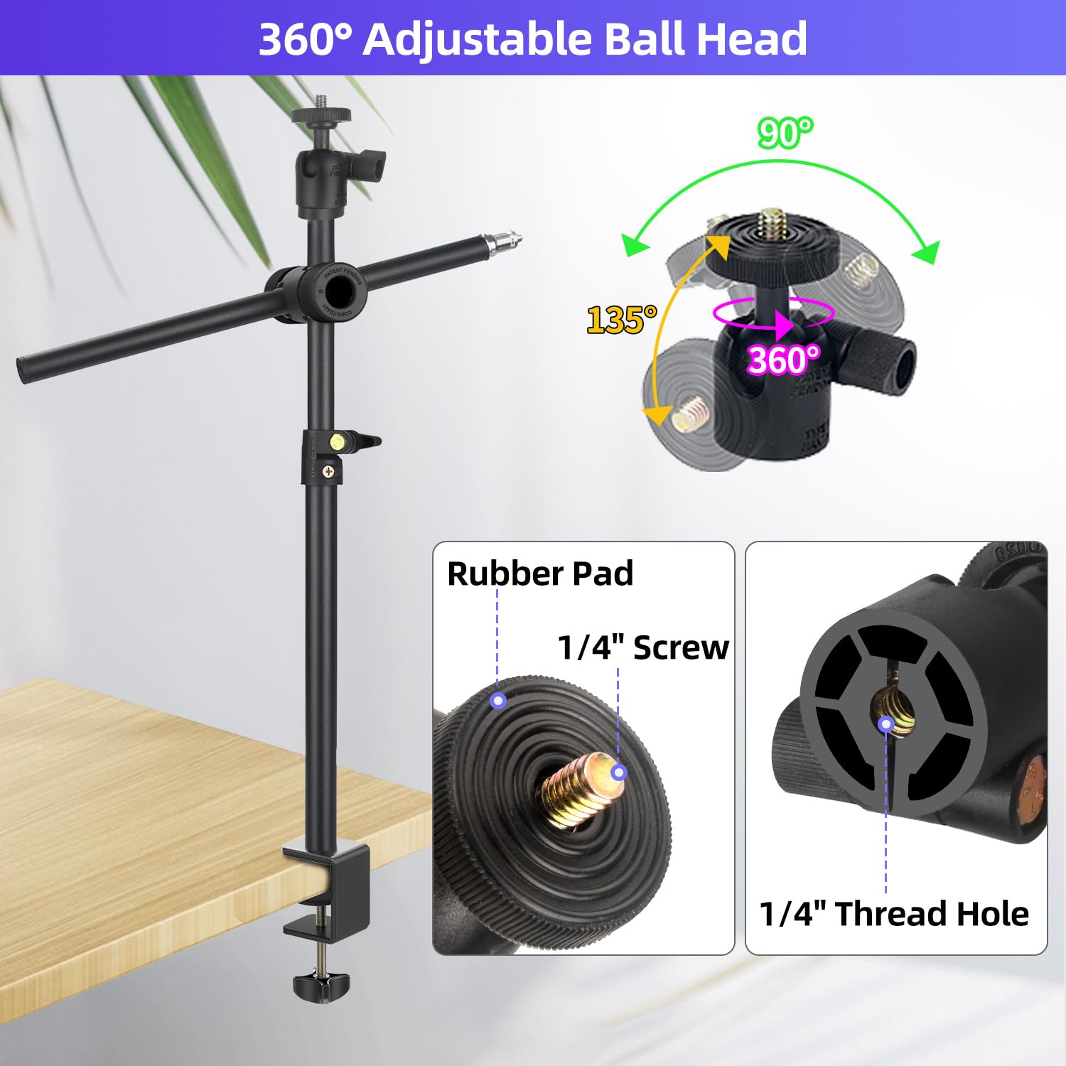 Overhead Camera Mount Desk Stand With Magic Arm, Webcam Stand With 360 Adjustable Extension Arm, Ball Head, Phone Holder, Tablet