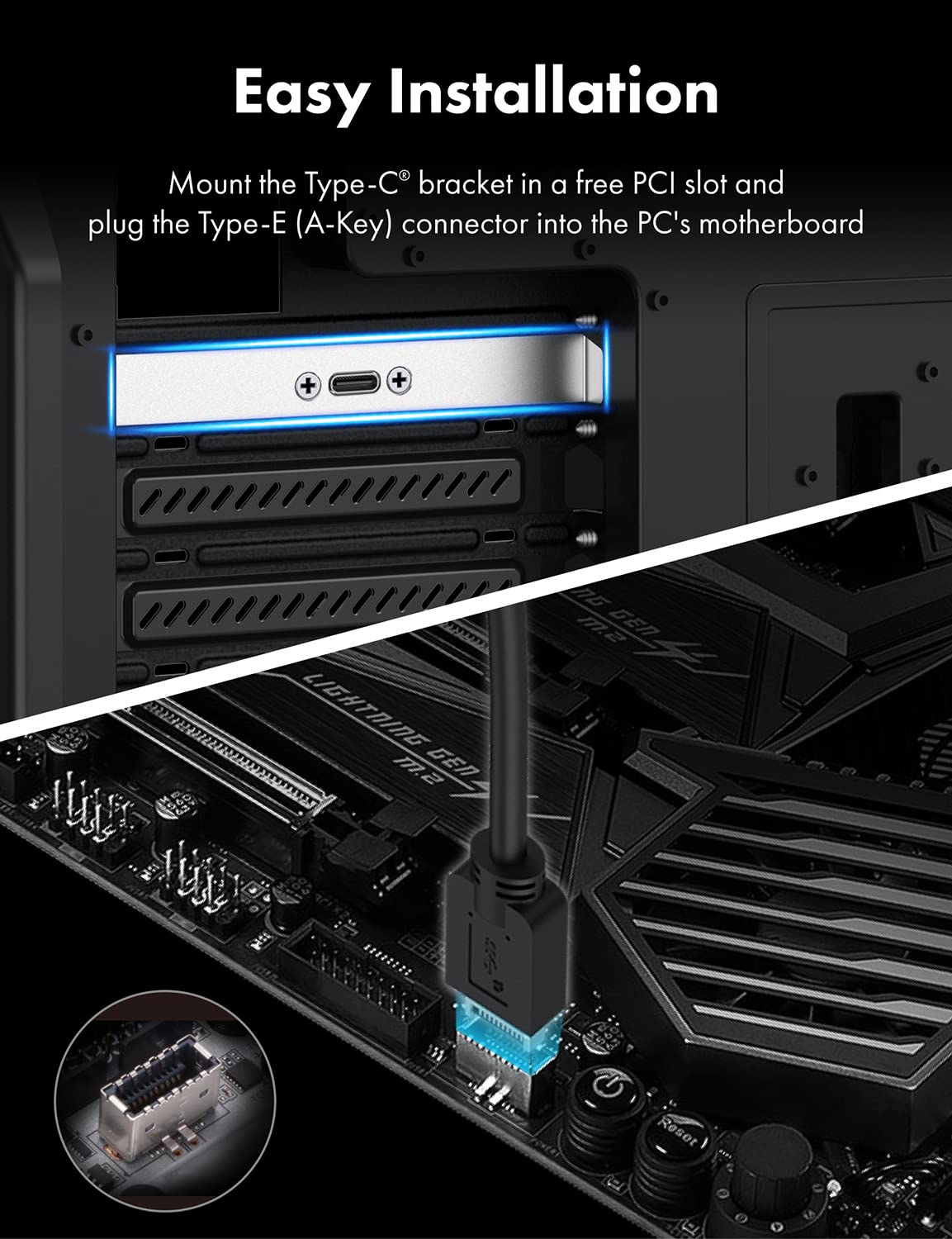 GRAUGEAR 20Gbps USB 3.2 Gen 2x2 USB-C Front Panel Adapter Motherboard Extension Cable Type-E Key-A 20-Pin with PCIe Bracket Metal Silver 23.6 in