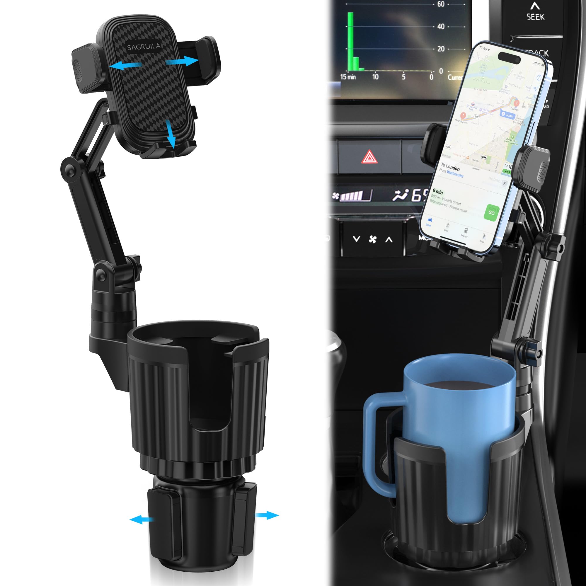 Cup Holder Phone Mount For Car, Car Cup Holder Phone Holder With Expandable Base, 2 In 1 Cup Phone Holder Adapter For Car, 360 D