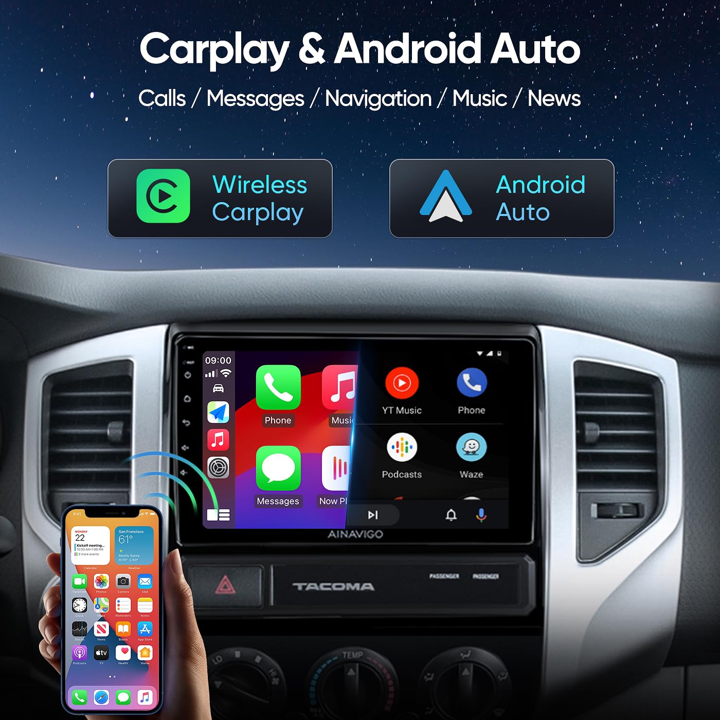 9 Inch Car Radio Stereo Upgrade For Toyota Tacoma 2005 2015 With Android12/5G Wifi/Wireless Carplay/Android Auto/Touch Screen/Gp