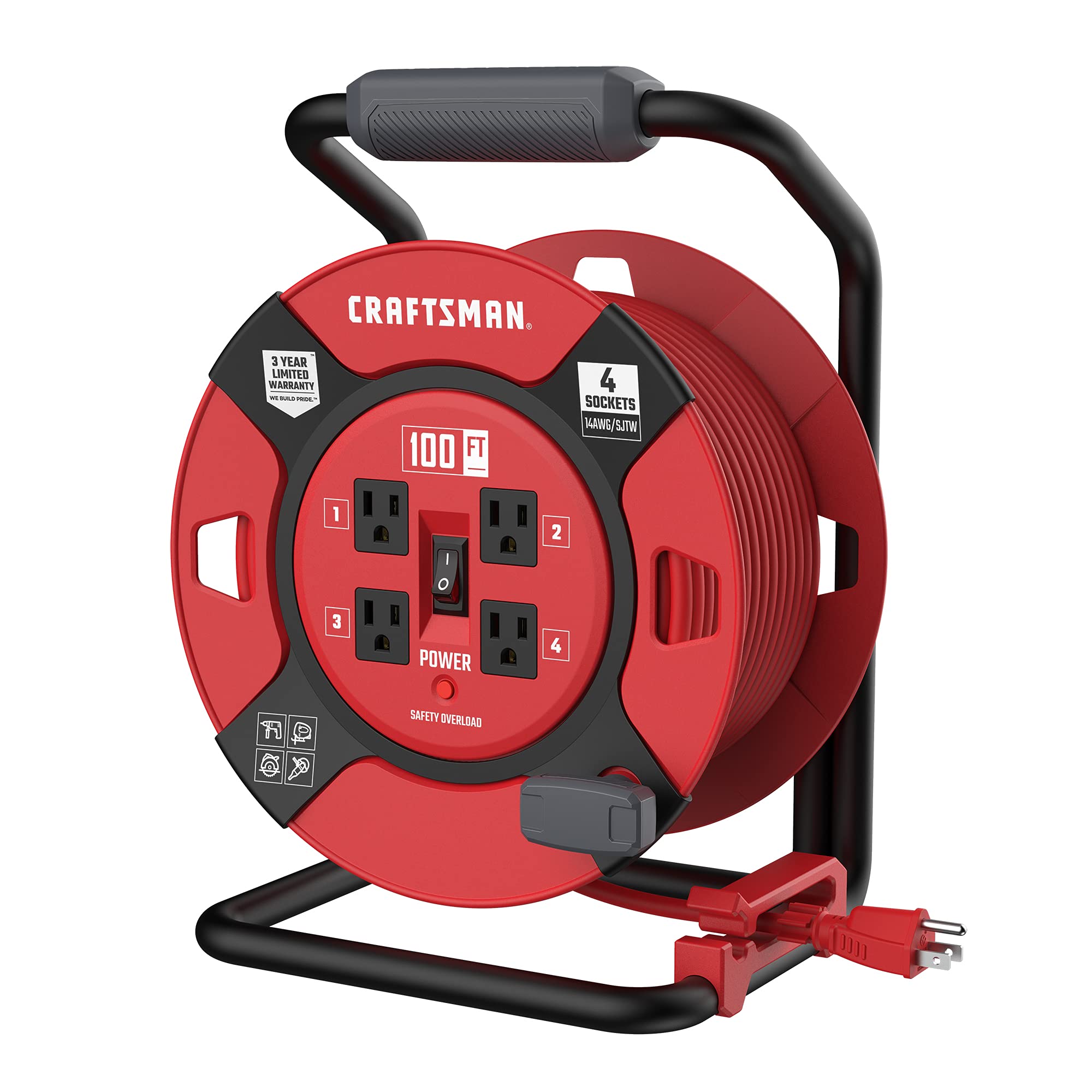 Craftsman 100 Ft. Retractable Extension Cord Reel With 4 Outlets & Heavy Duty 14Awg Sjtw Cable