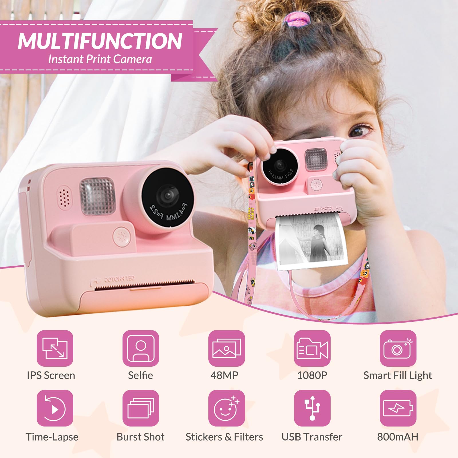 Mafiti Kids Camera Instant Print, 48Mp Digital Camera Selfie 1080P Video With 32G Tf Card, Toys Gifts For Girls Boys Aged 3-12 F