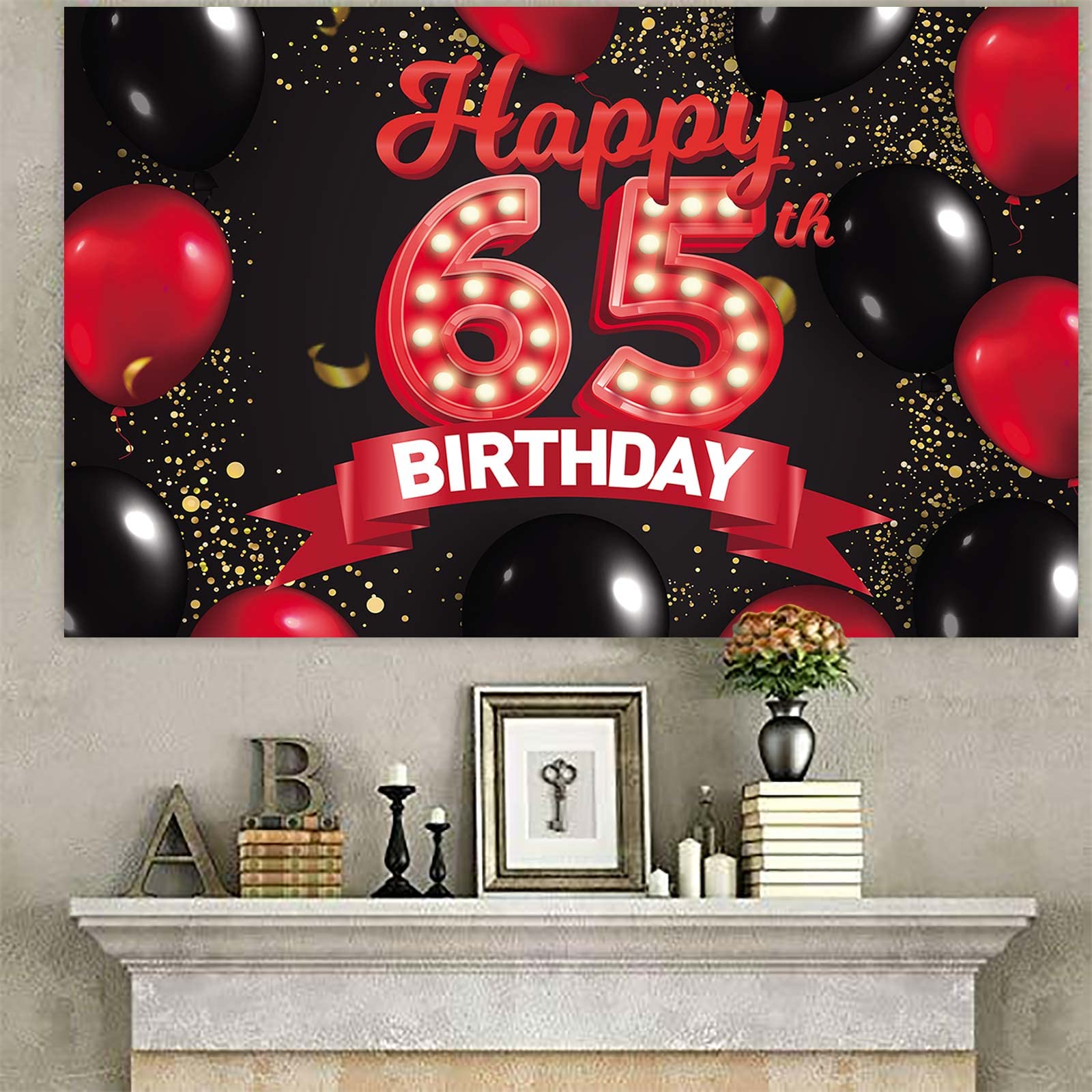 Happy 65Th Birthday Red And Black Banner Backdrop Decorations Balloons Theme Decor For Girls Women Princess 65 Years Old Birthda