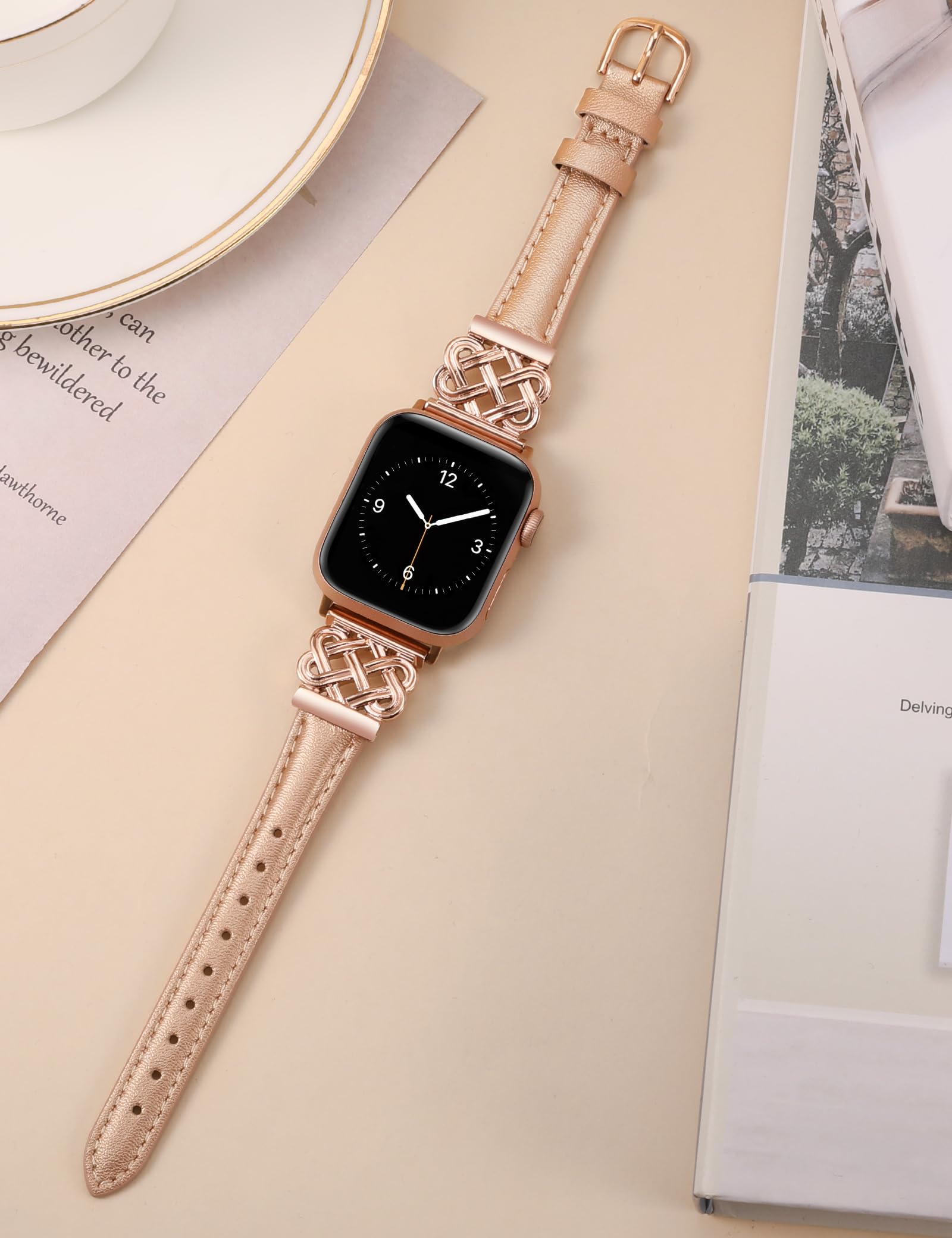 Toyouths Leather Band Compatible With Apple Watch Bands Women 42/44/45/46/49Mm Dressy Slim Thin Leather Strap With Designer Inte