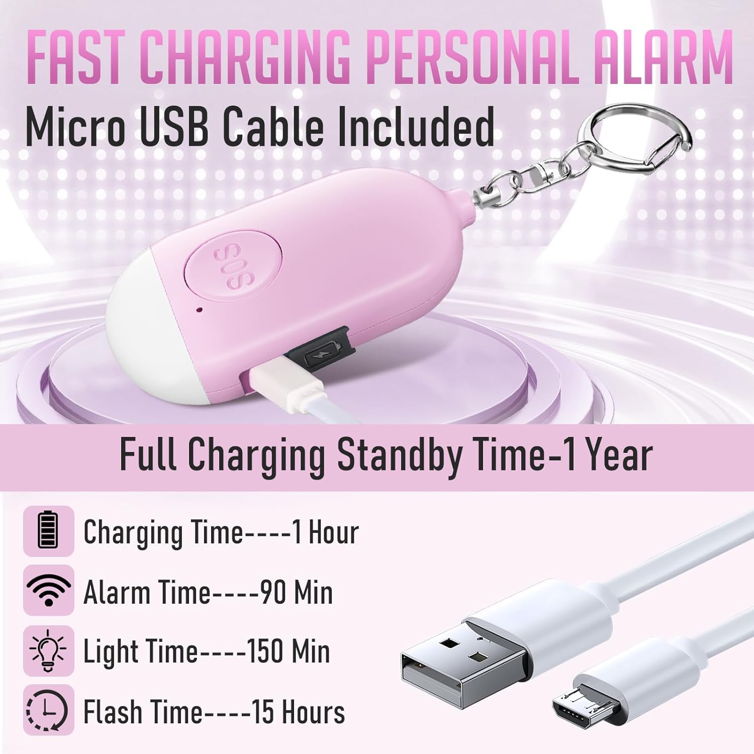 Kimfly Personal Alarm Siren 5-Pack - 130Db Self Defense Alarm Keychain, Rechargeable With Emergency Led Flashlight - White, Touc