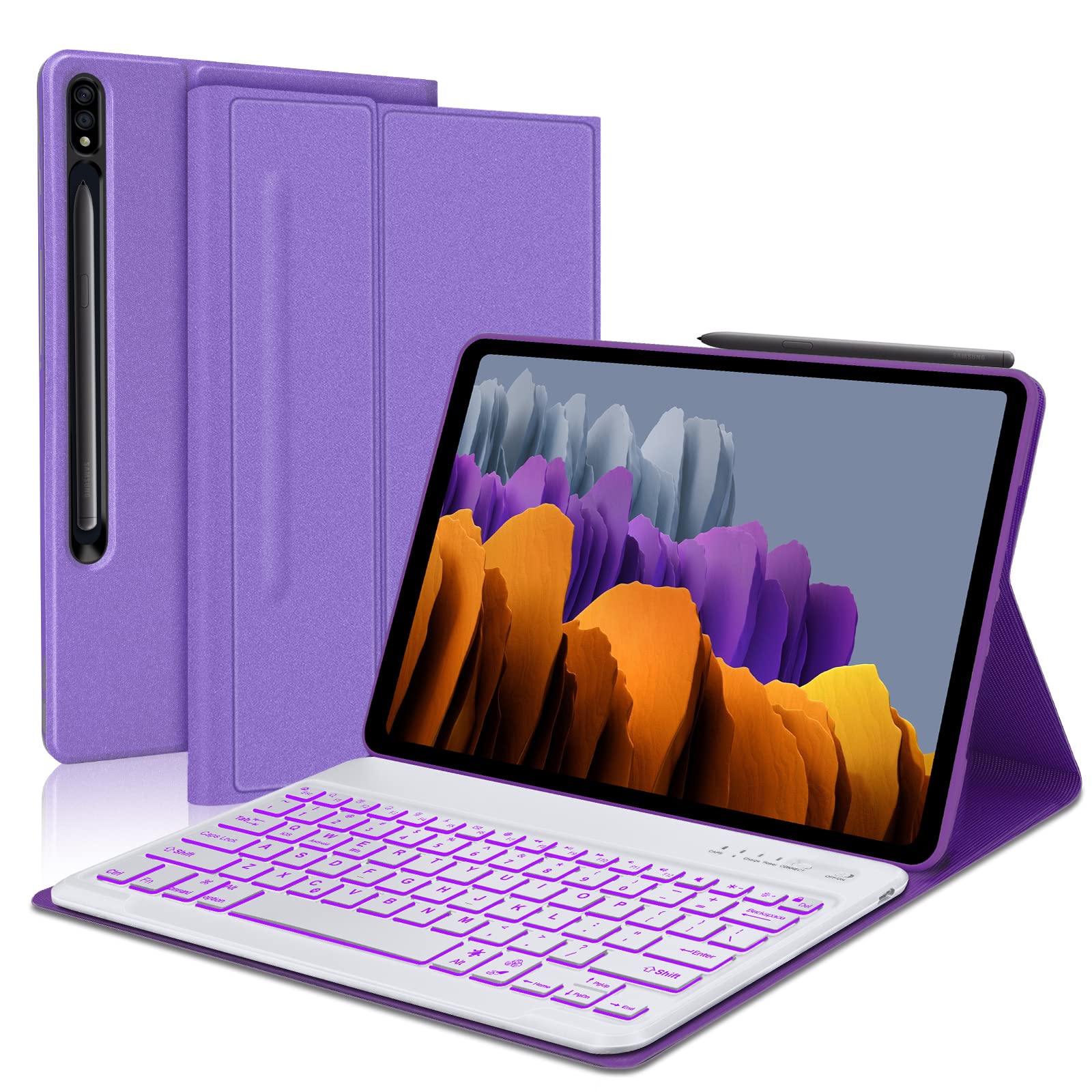 Galaxy Tab S7 Fe Keyboard Case 12.4''  7 Color Backlight Detachable Wireless Keyboard, Slim Multi Angle Cover With S Pen Holder