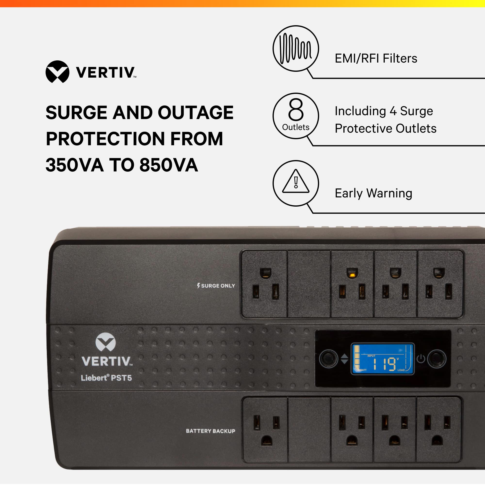 Liebert Pst5 Ups   850Va500W 120V Lcd Monitoring Screen Standby Power 8 Outlets Usb Charging 3 Year Warranty Uninterruptible Pow