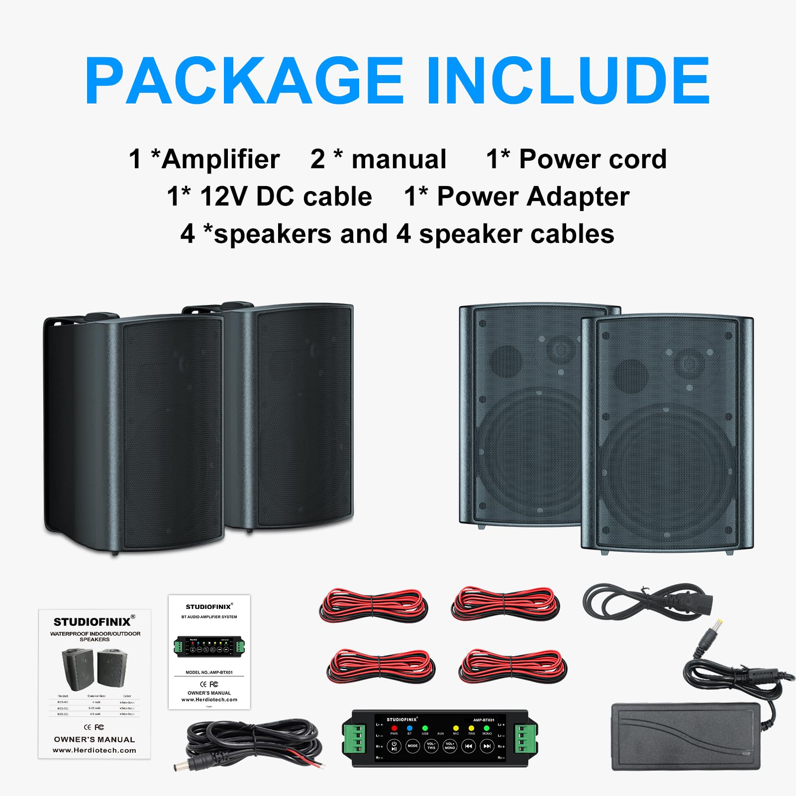 Studiofinix 800W 6.5 Inch Outdoor Bluetooth Speakers Waterproof Wired With Multifunctional Amplifier Wall Mount Weatherproof Lou