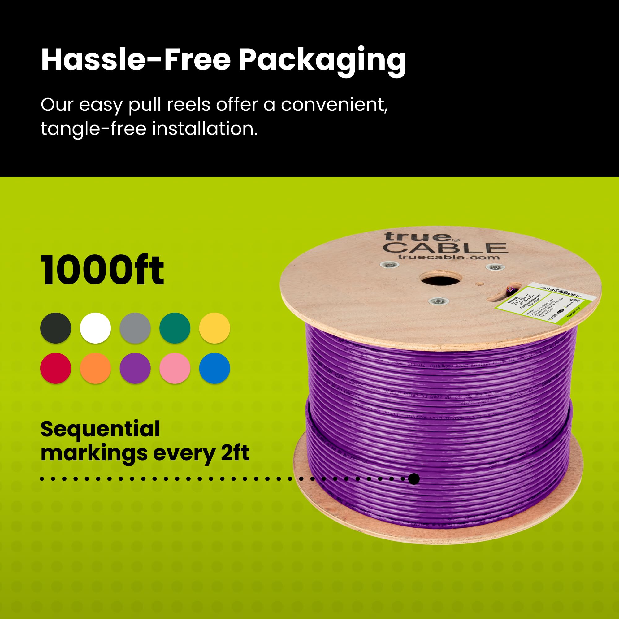 Truecable Cat6A Riser (Cmr), 1000Ft, Purple, 23Awg 4 Pair Solid Bare Copper, 750Mhz, Poe++ (4Ppoe), Etl Listed, Unshielded Twisted Pair (Utp), Bulk Ethernet Cable