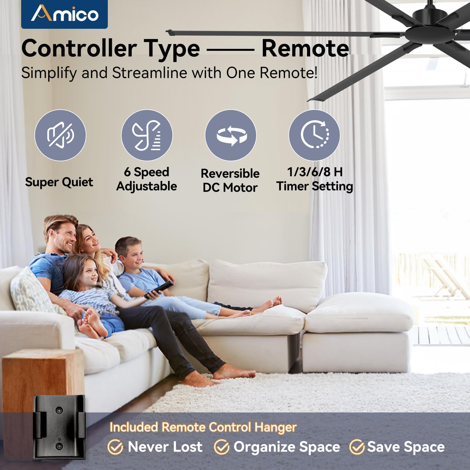 Amico Ceiling Fans Without Lights, 100 Inch Industrial Indoor/Outdoor Ceiling Fan With Remote Control, Reversible, 6 Blades, Noi