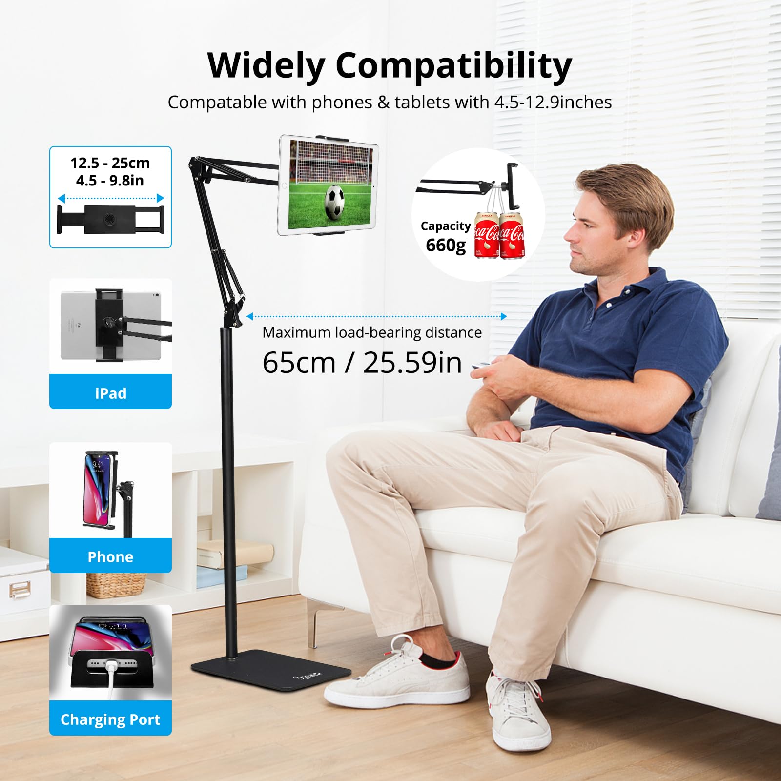 Spessn Adjustable Floor Stand Universal 360 Degree Rotatable Metal Tablet Holder Compatible Samsung Galaxy Tab And Phones(Black)