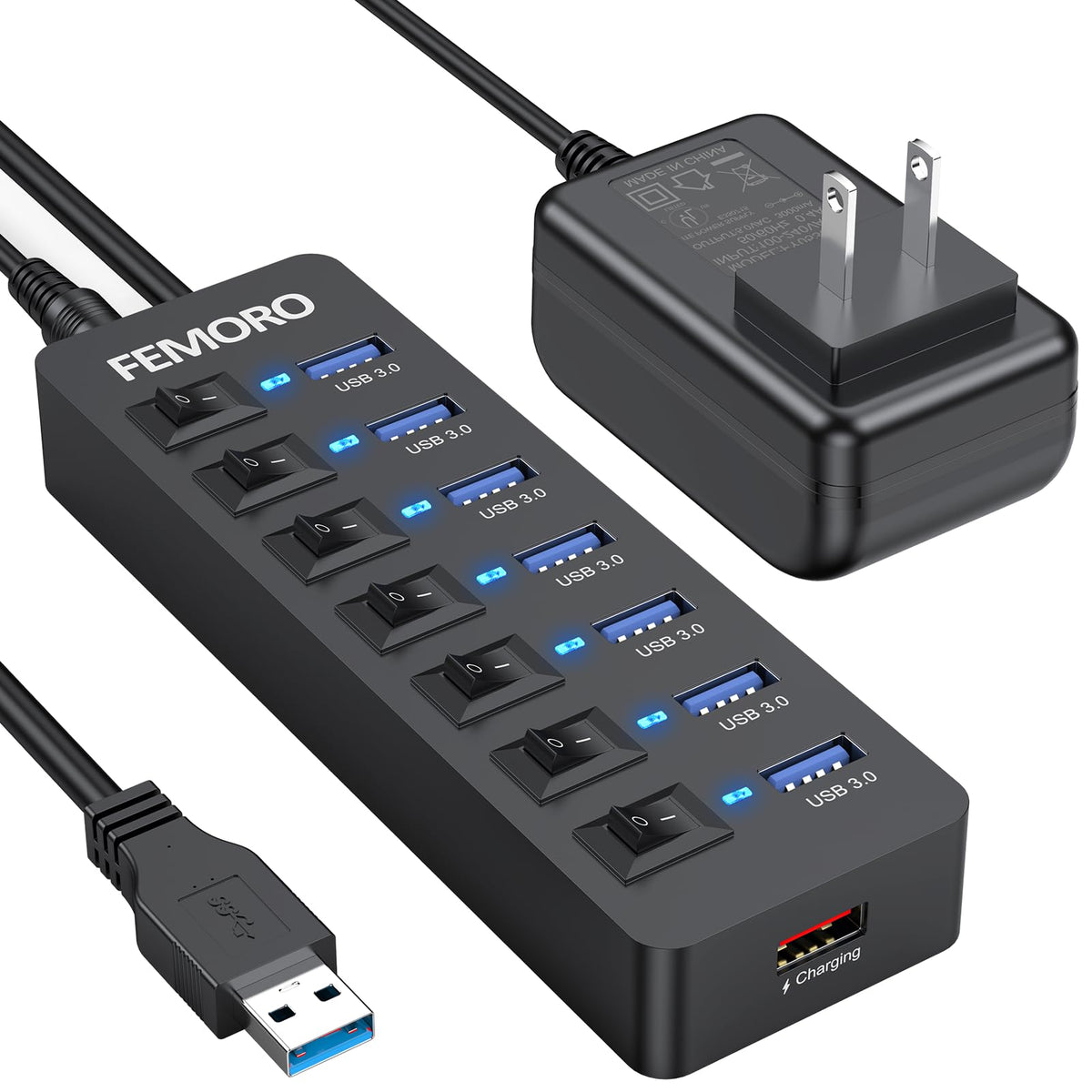 Powered Usb Hub 3.0, 5Gbps Data Transfer 7 Ports And 12W Charging Only 1 Port With 5V/3A Power Adapter 4Ft Long Cable & Individual Led Switches For Laptop Pc Flash Drive Ssd Hdd Keyboard Mouse...
