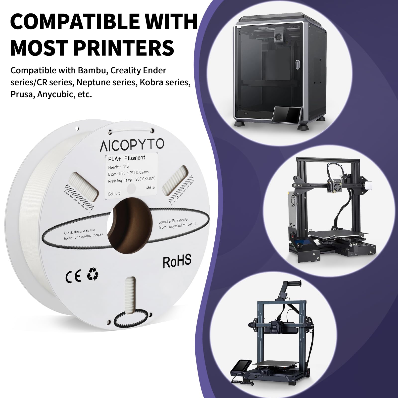 Aicopyto Pla Plus(Pla+) Filament 1.75Mm, Tougher And Stronger 3D Printer 1Kg Spool (2.2Lbs) White Pla+ Filament Dimensional Accu