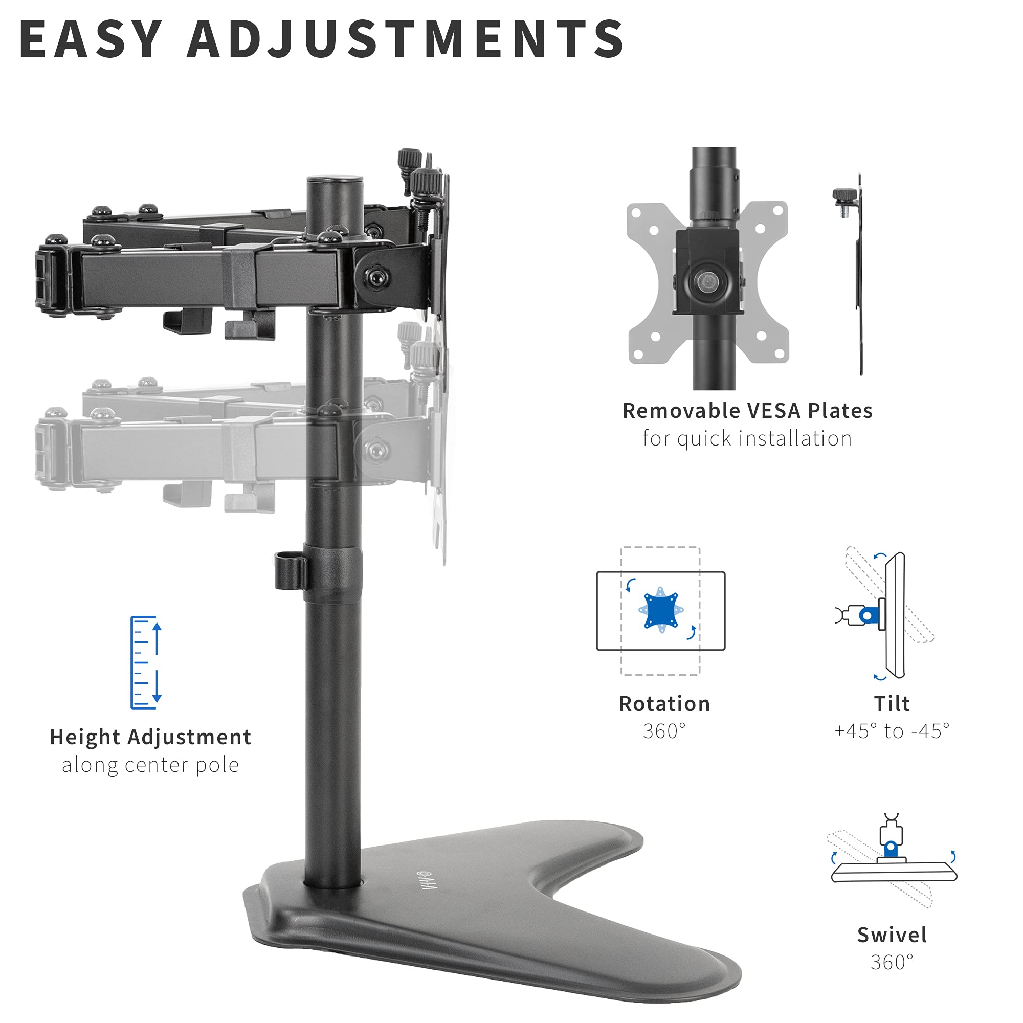 VIVO Dual 13 to 30 inch Monitor Free Standing Mount, Fully Adjustable Desk Stand, Holds 2 Flat or Curved Display Screens, STAND V102F
