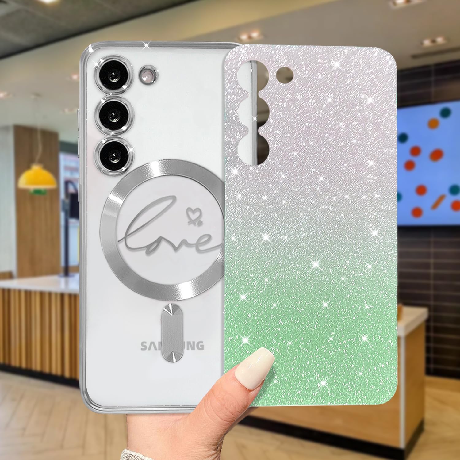 Zonrw For Samsung Galaxy S23 Case Magnetic,For Women Girl Soft Cute Luxury Love Heart Plating Bling Gradient Glitter Phone Case