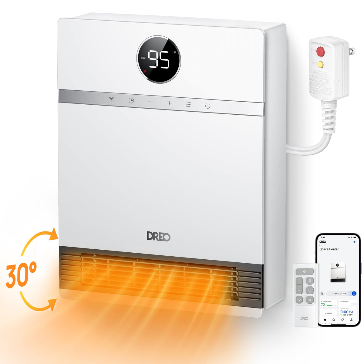 Dreo Smart Wall Heater, Ip24 Electric Space Heater With Alci Plug For Indoor Use, 30 Oscillation, Adjustable Thermostat, Remote
