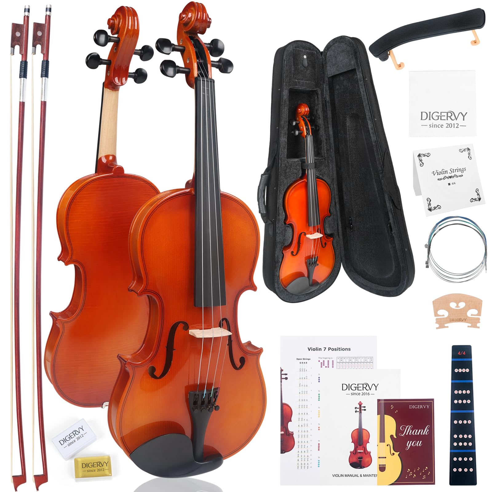 Violin 4/4 Full Size Kit for Beginners, Glossy Violin Fiddle Set for Adults, Students with Violin Case, Bow, Rosin, Fingerboard 