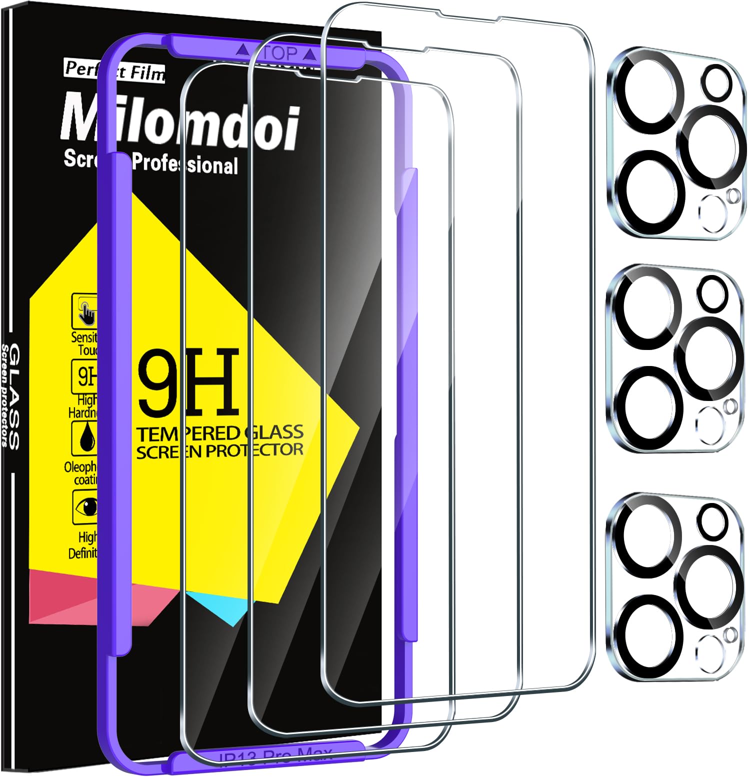 Milomdoi 3 Pack Screen Protector For Apple Iphone 13 Pro Max With 3 Pack Tempered Glass Camera Lens Protector, Ultra 9H Accessor