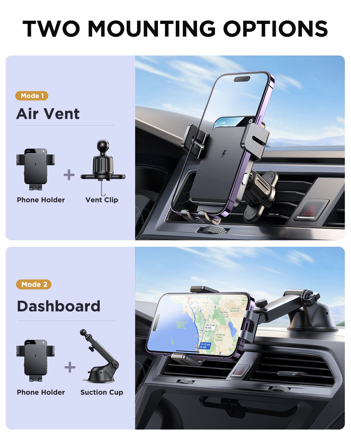 Joyroom Wireless Car Charger,15W Qi Fast Charging Car Charger Phone Holder Mount, Auto-Clamping Alignment Windshield Dashboard A