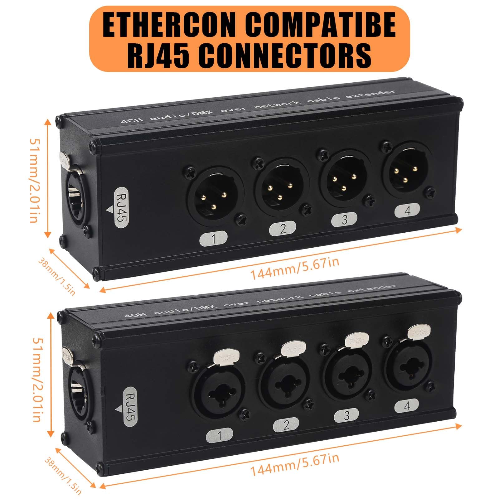 Jindaaudio 4-Channel Dmx Xlr To Ethernet Extender, 3-Pin Xlr Male/Female & Ethercon Adapter, Cat5/Cat6/Cat7 Network Cable Conver