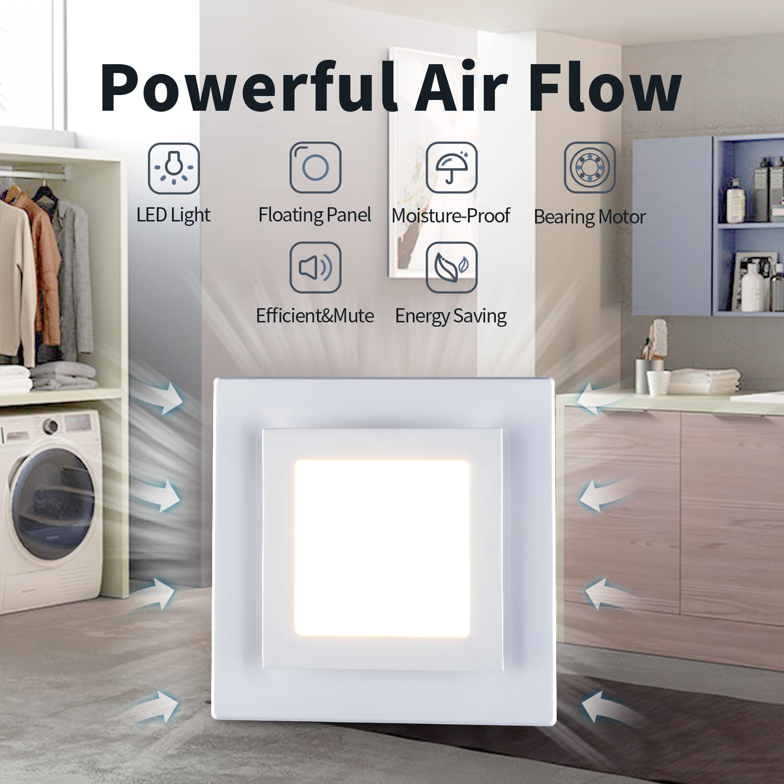 Zeyzer Bathroom Exhaust Fan With Led Light Square Quiet Modern Ceiling Mount Ventilation Fan Combination For Shower/Restroom/Off