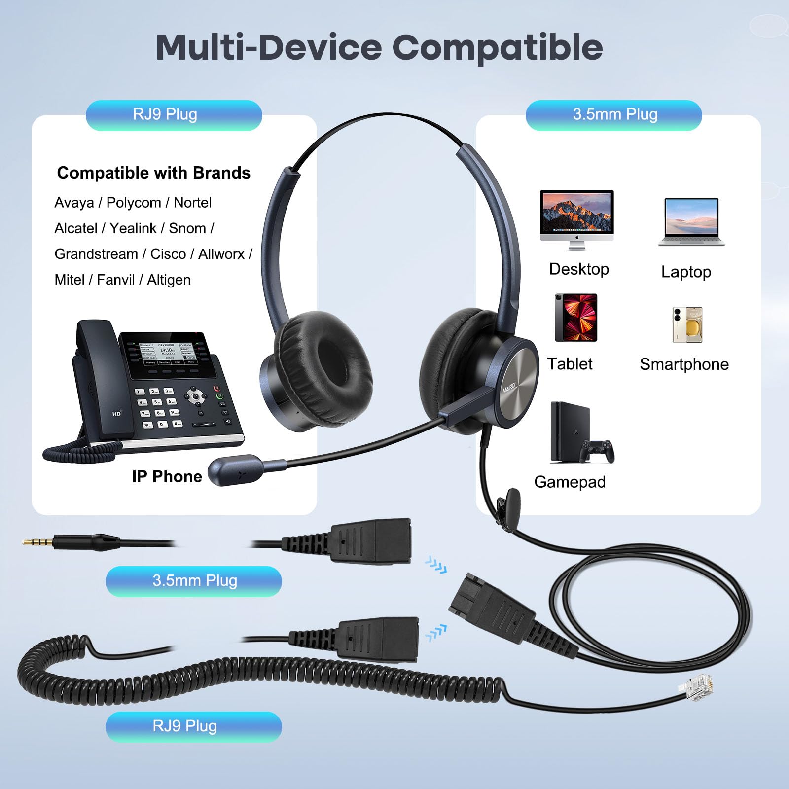 Mairdi Telephone Headset With Microphone Noise Canceling, Binaural With Rj9 Jack & 3.5Mm Connector For Office Call Center Deskph