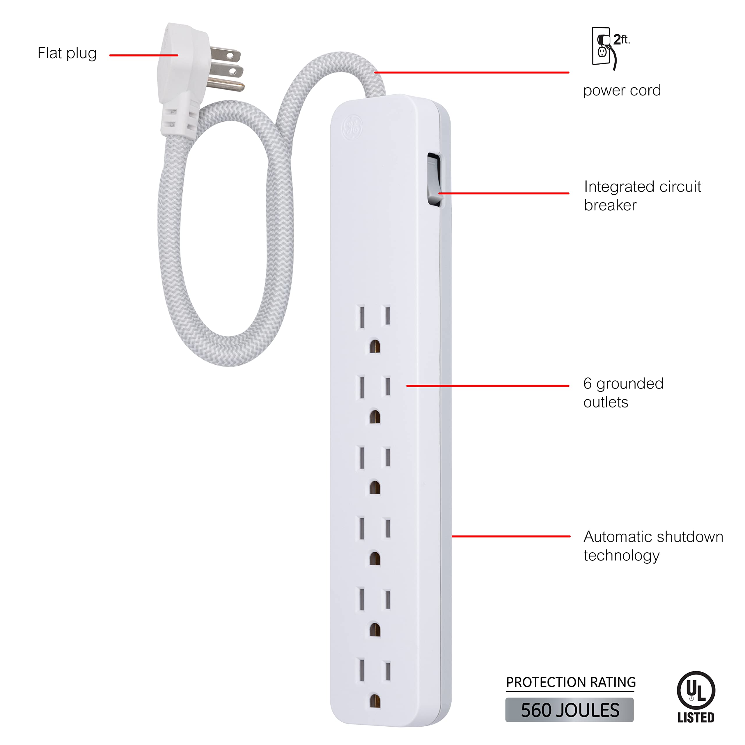 Ge Ultrapro 6 Outlet Surge Protector, 2 Ft Designer Braided Extension Cord, 560 Joules, Flat Plug, Wall Mount, Ul Listed, White,