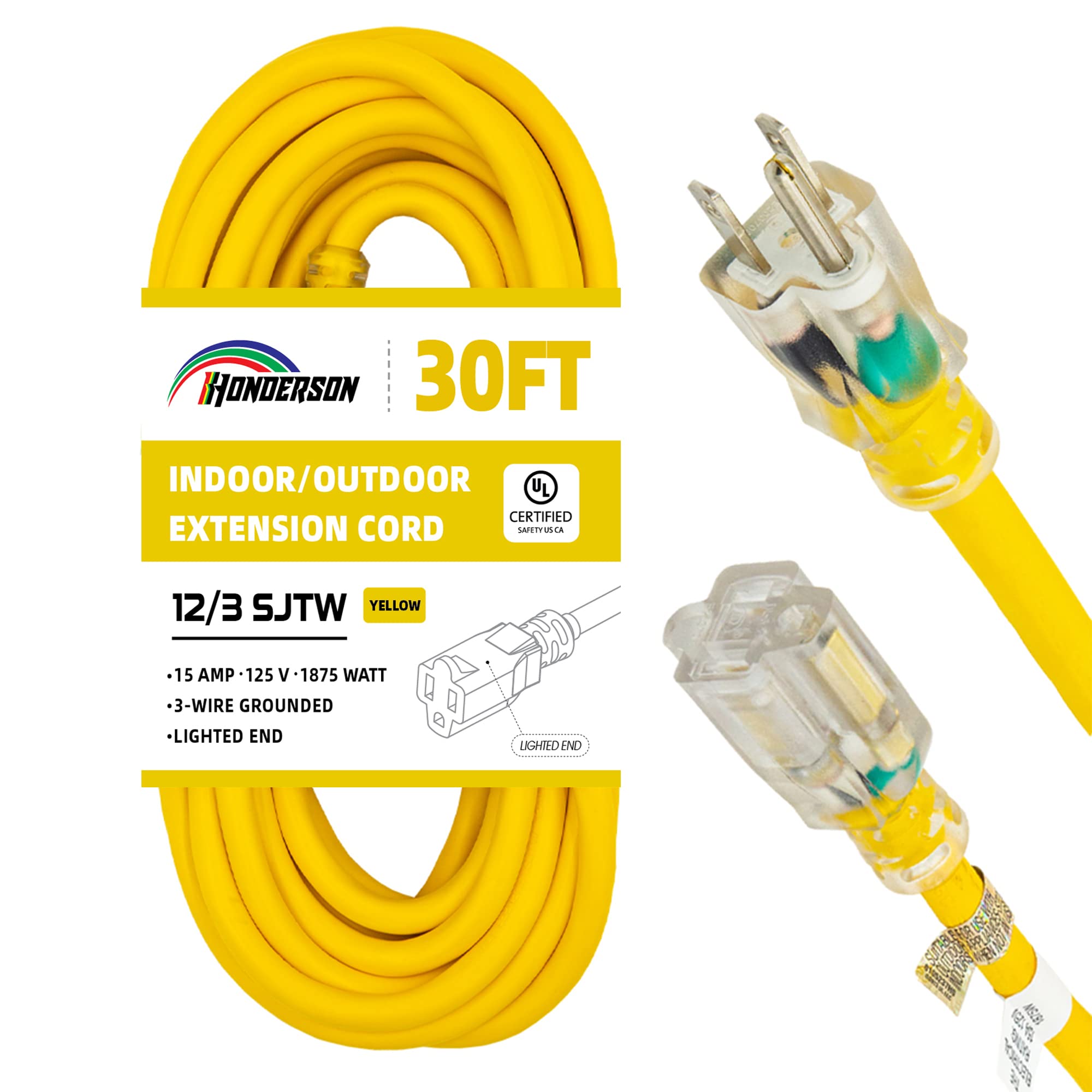 Honderson Indoor Outdoor Extension Cord Weatherproof With Lighted End, Ul Listed, 12 Gauge 30Ft Yellow 3 Prong Heavy Duty Extens